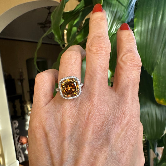 GIA 6.88 Fancy Deep Brown Orange Cushion Cut Diamond Halo Ring Platinum