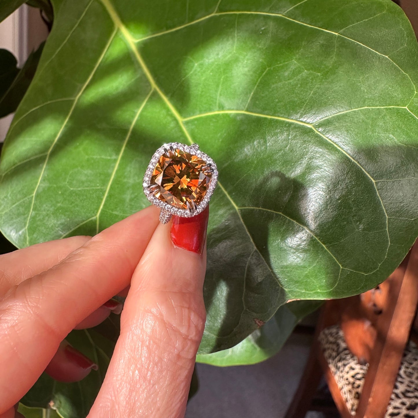 GIA 6.88 Fancy Deep Brown Orange Cushion Cut Diamond Halo Ring Platinum