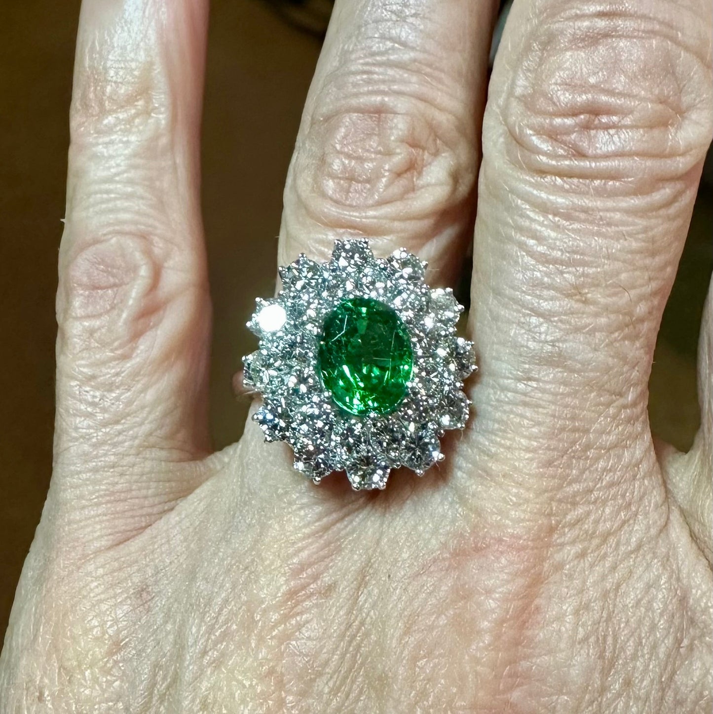 Oval Cut Tsavorite Garnet & Round Brilliant Cut Diamond Ring 18k White Gold