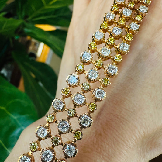 Fancy Yellow & White Diamond 11.13 Carats Three Row Bracelet 18k Yellow Gold