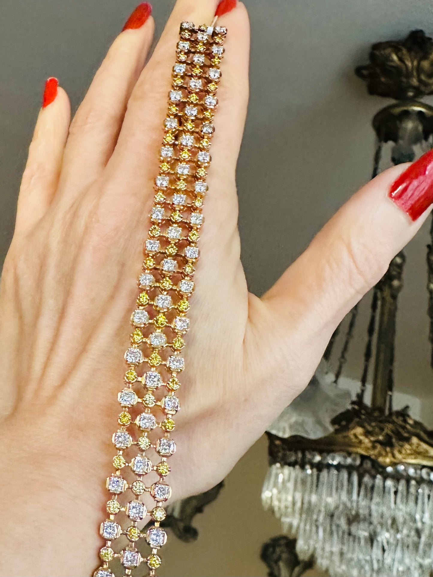 Fancy Yellow & White Diamond 11.13 Carats Three Row Bracelet 18k Yellow Gold