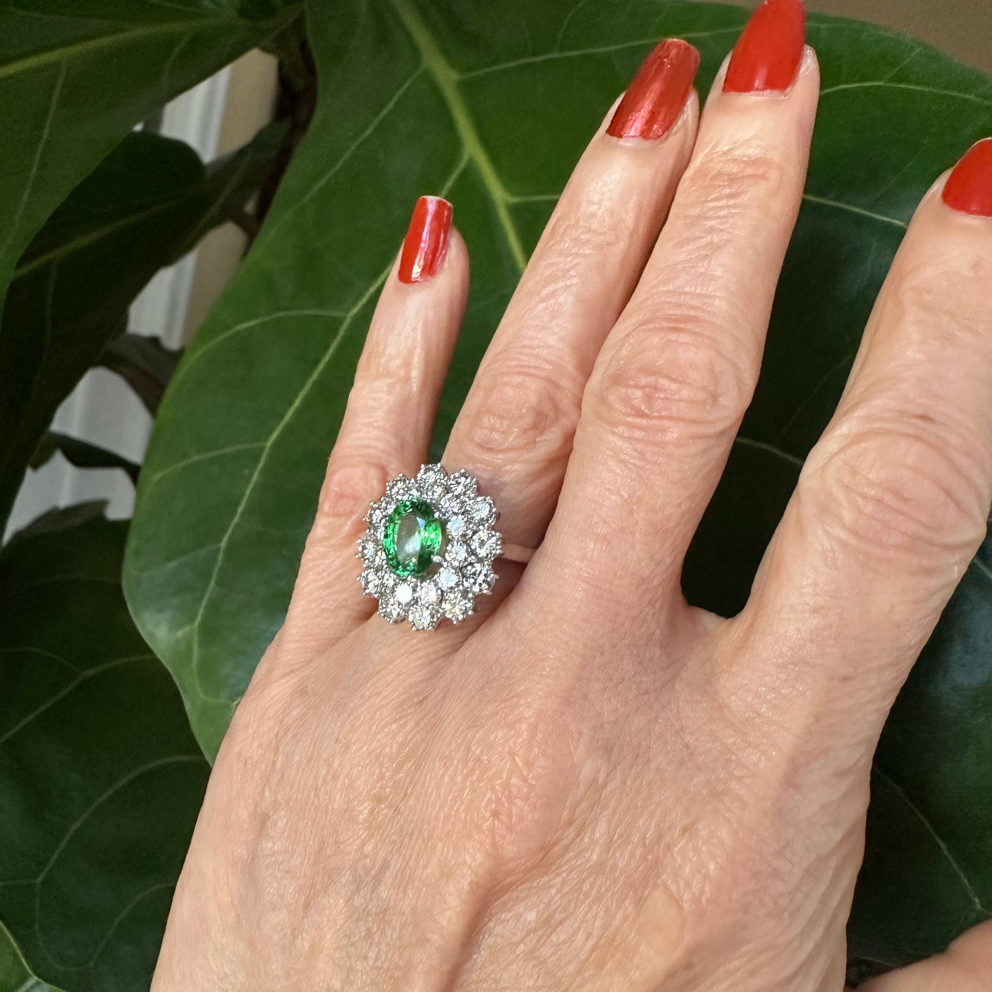 Oval Cut Tsavorite Garnet & Round Brilliant Cut Diamond Ring 18k White Gold