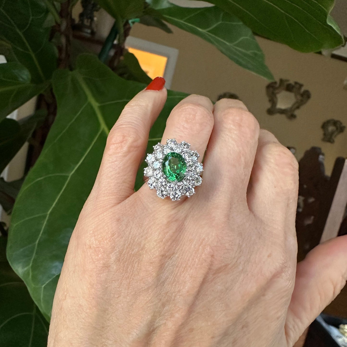 Oval Cut Tsavorite Garnet & Round Brilliant Cut Diamond Ring 18k White Gold