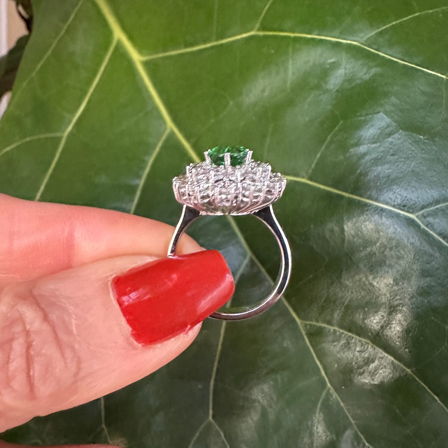 Oval Cut Tsavorite Garnet & Round Brilliant Cut Diamond Ring 18k White Gold