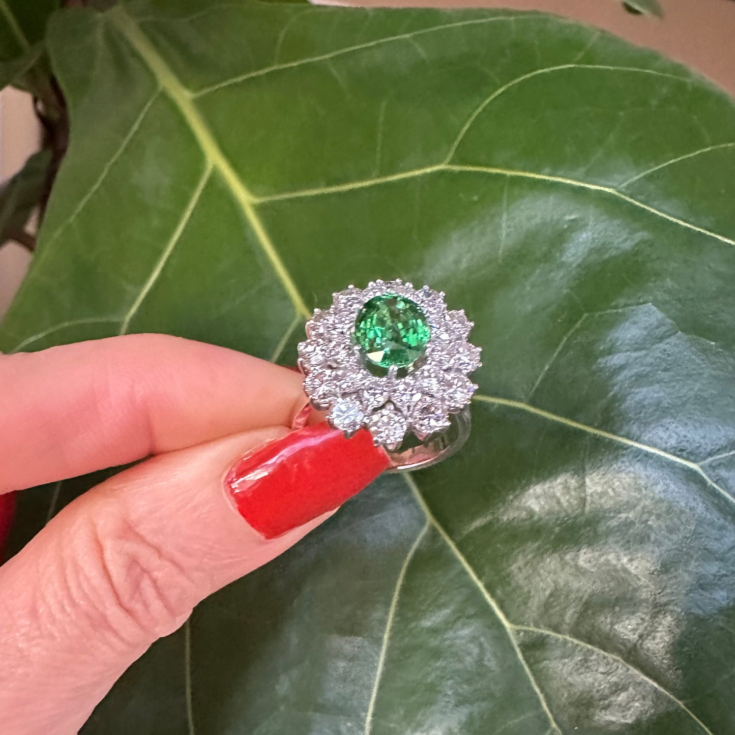 Oval Cut Tsavorite Garnet & Round Brilliant Cut Diamond Ring 18k White Gold