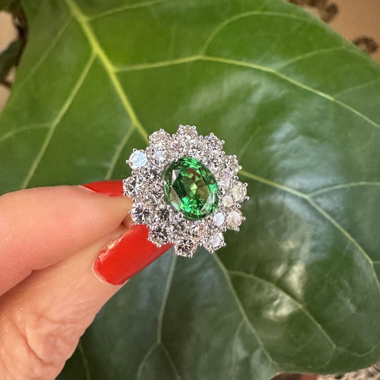 Oval Cut Tsavorite Garnet & Round Brilliant Cut Diamond Ring 18k White Gold