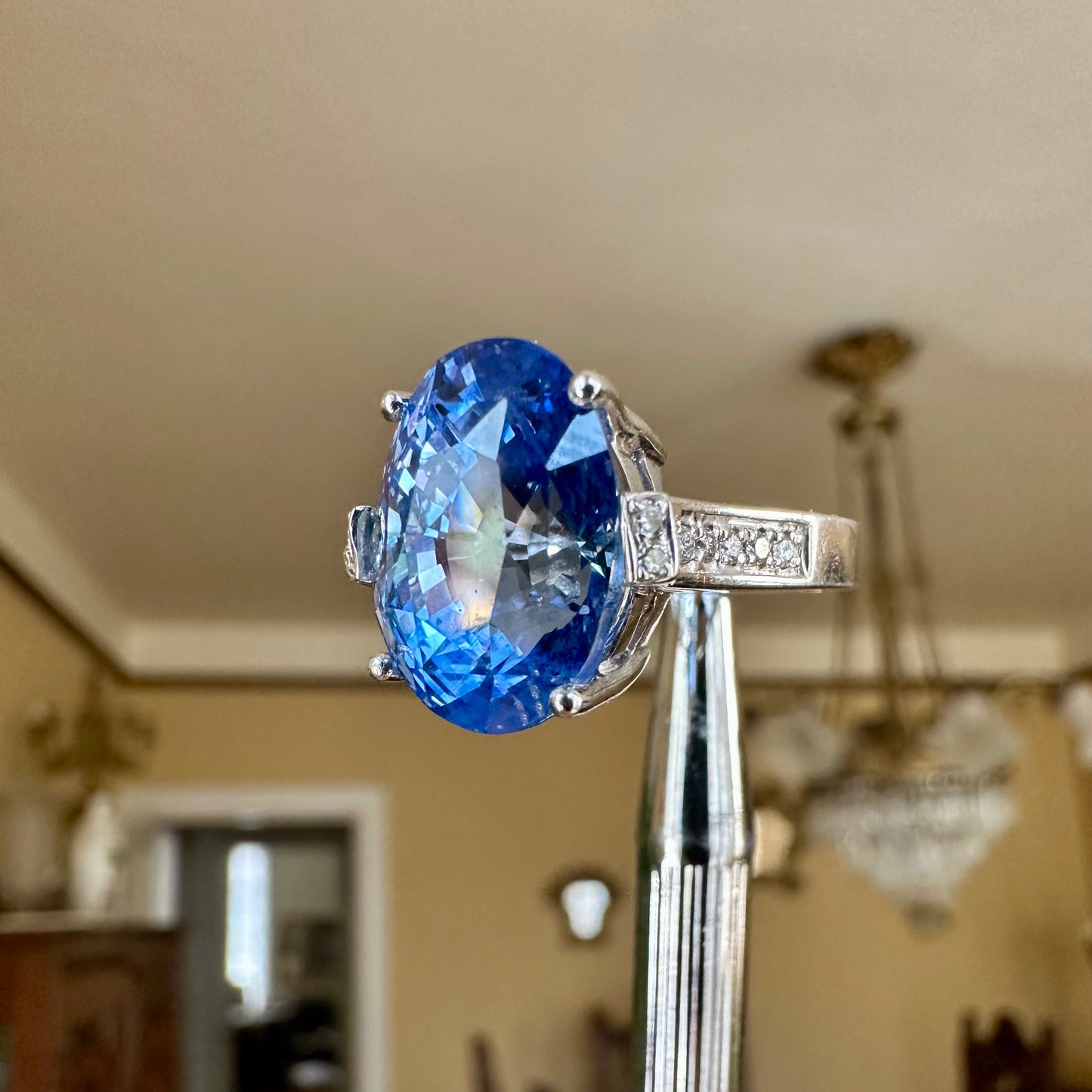 13.01 GIA Ceylon No Heat Oval Cut Sapphire Diamond 18k Ring