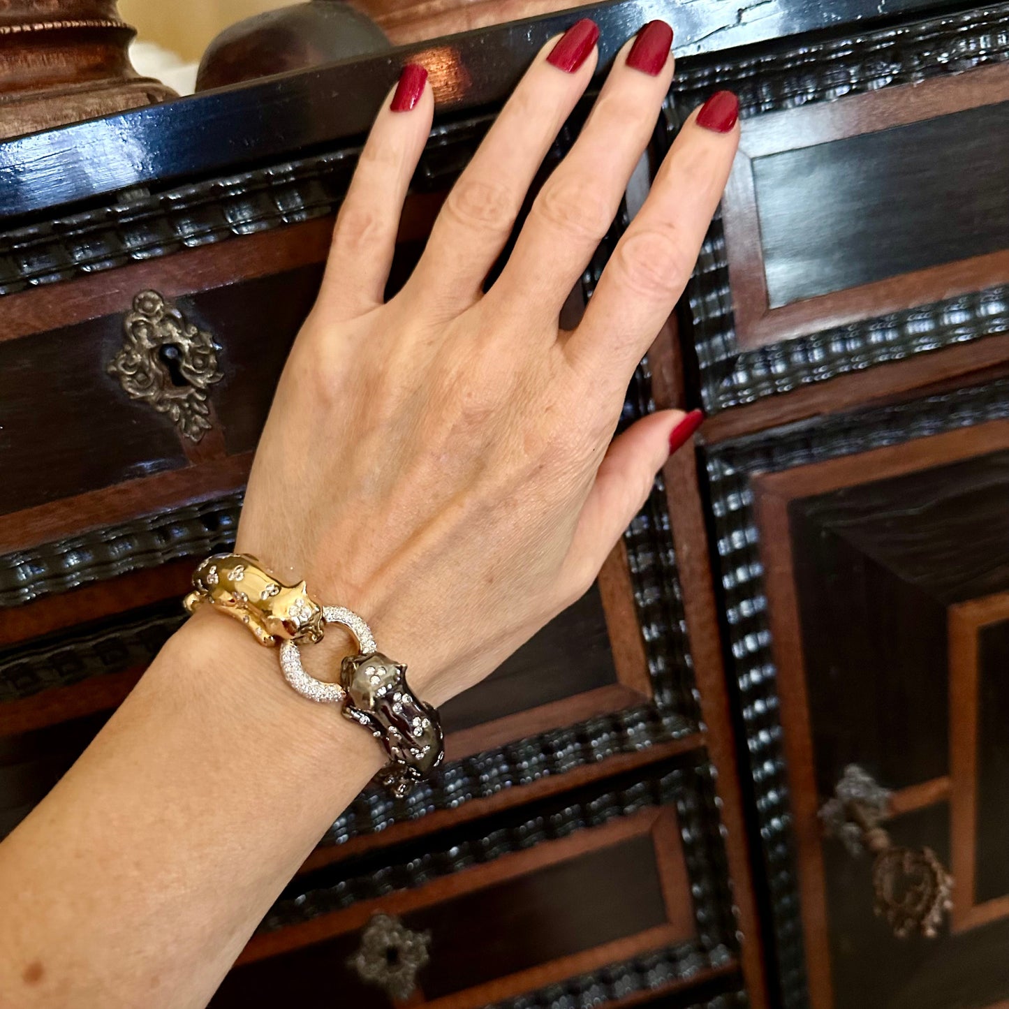 Luxurious 18k Two Tone Gold Panther Diamond Bangle Bracelet