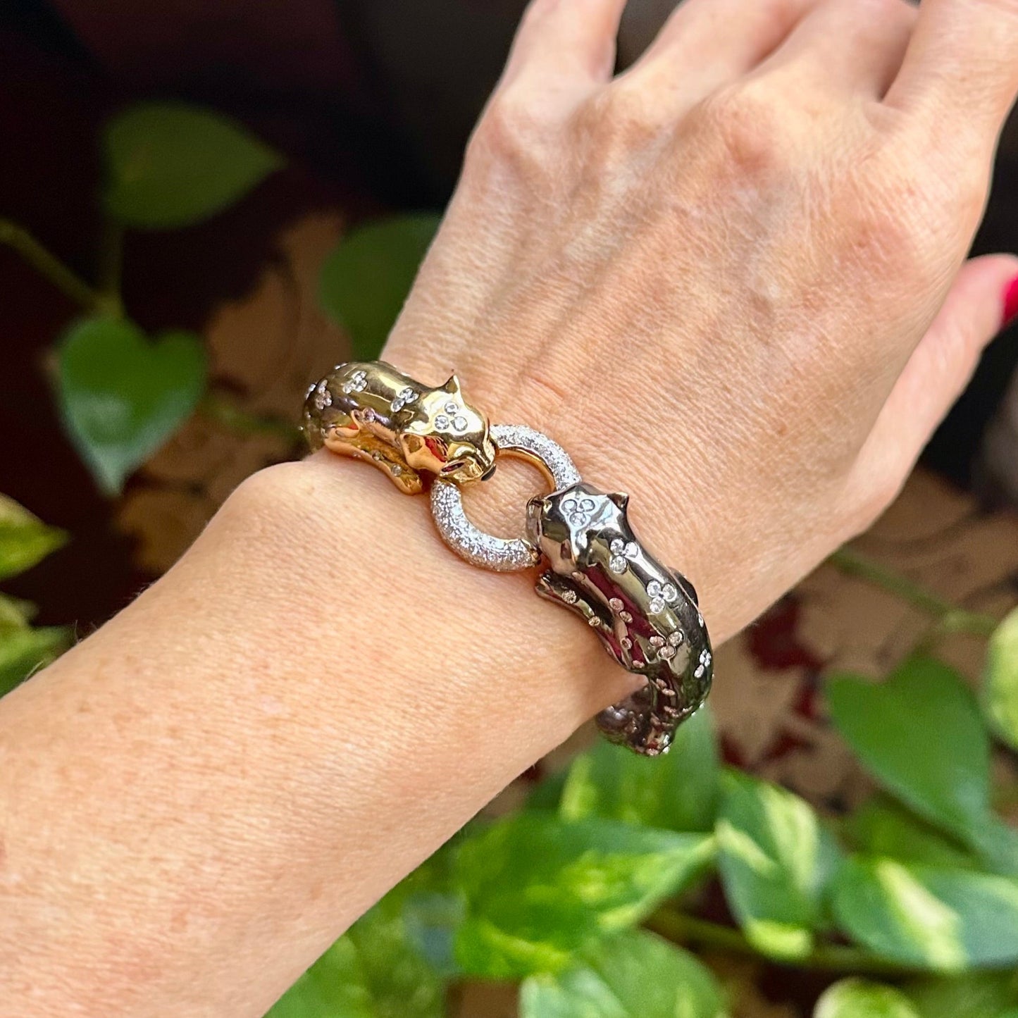 Luxurious 18k Two Tone Gold Panther Diamond Bangle Bracelet