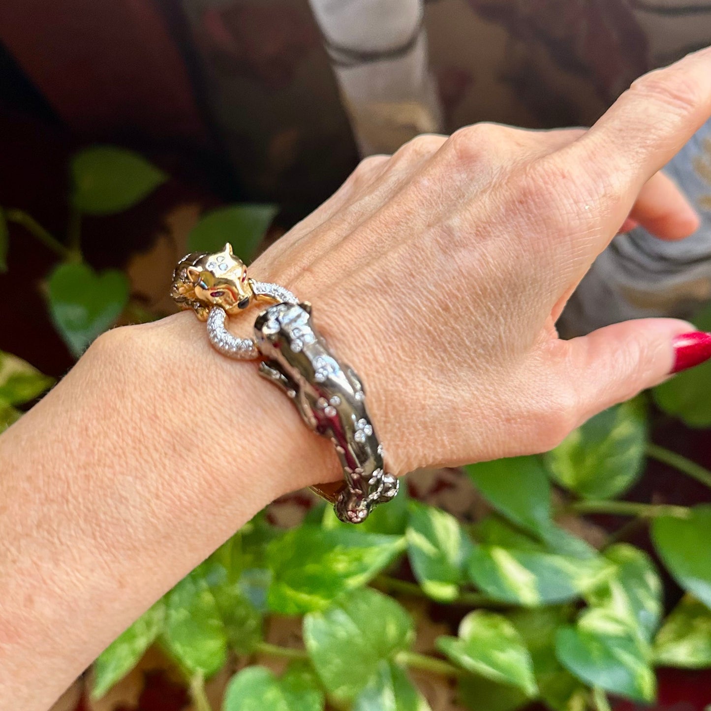 Luxurious 18k Two Tone Gold Panther Diamond Bangle Bracelet