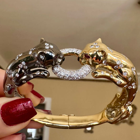 Luxurious 18k Two Tone Gold Panther Diamond Bangle Bracelet