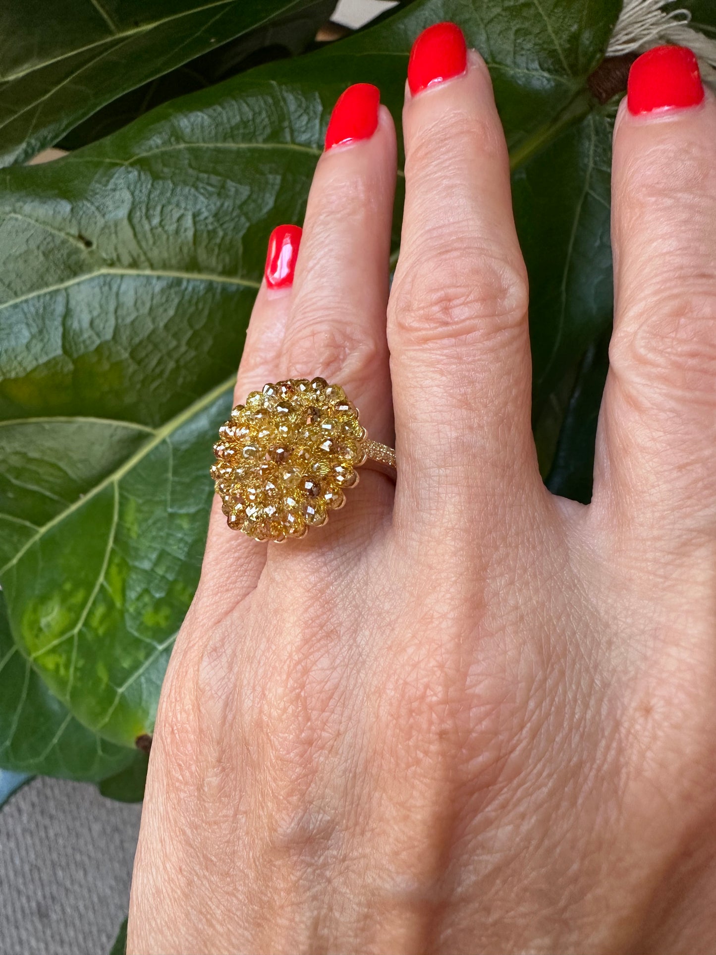 Fancy Color Briolette Diamond Ring Yellow Gold