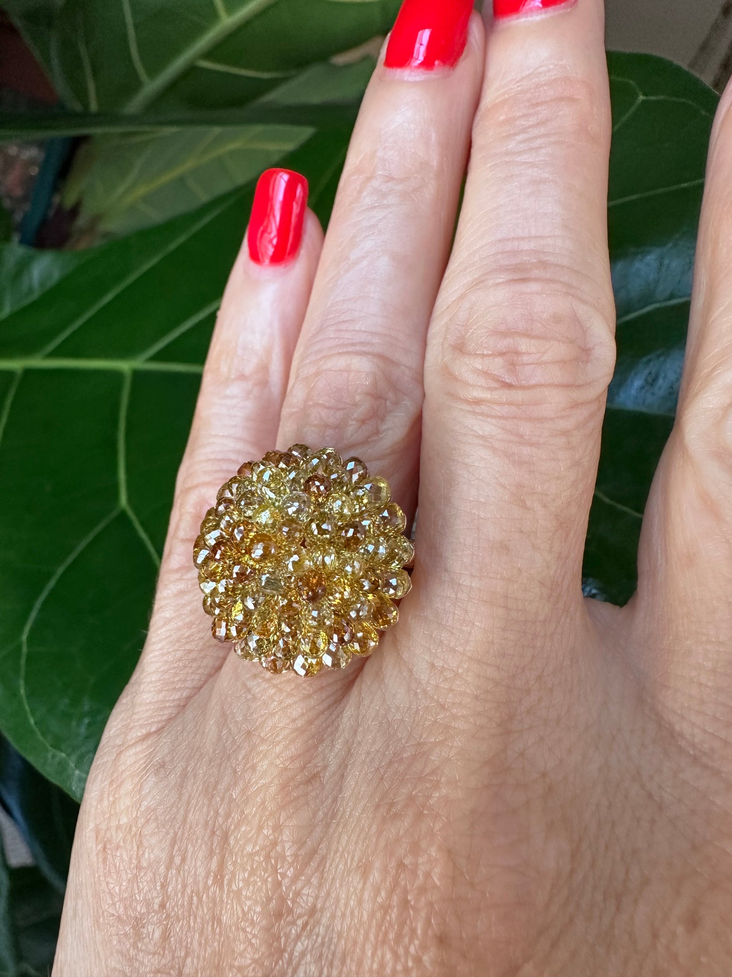 Fancy Color Briolette Diamond Ring Yellow Gold