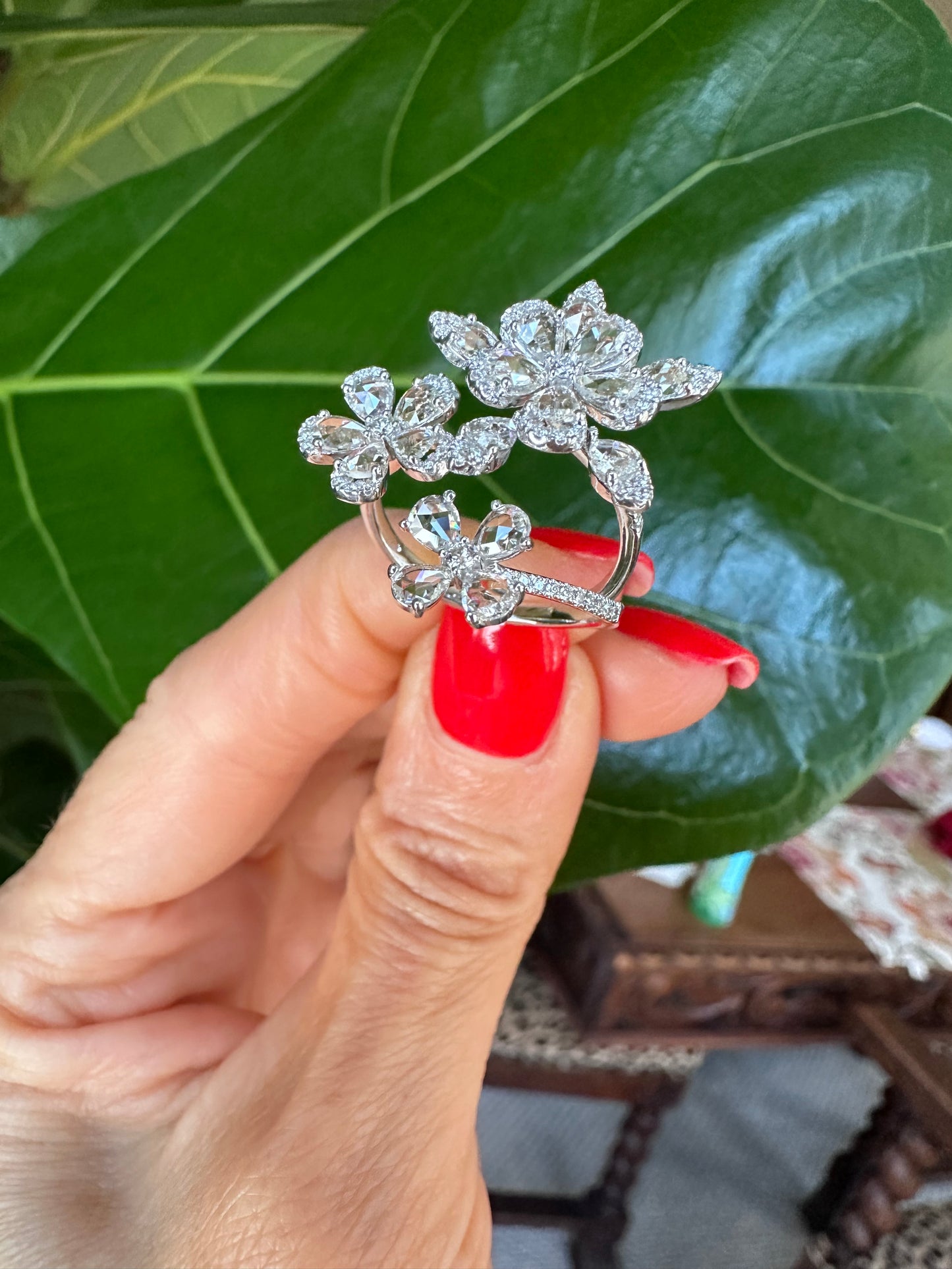 Rose Cut Pear Shape Diamond Flower Ring White Gold