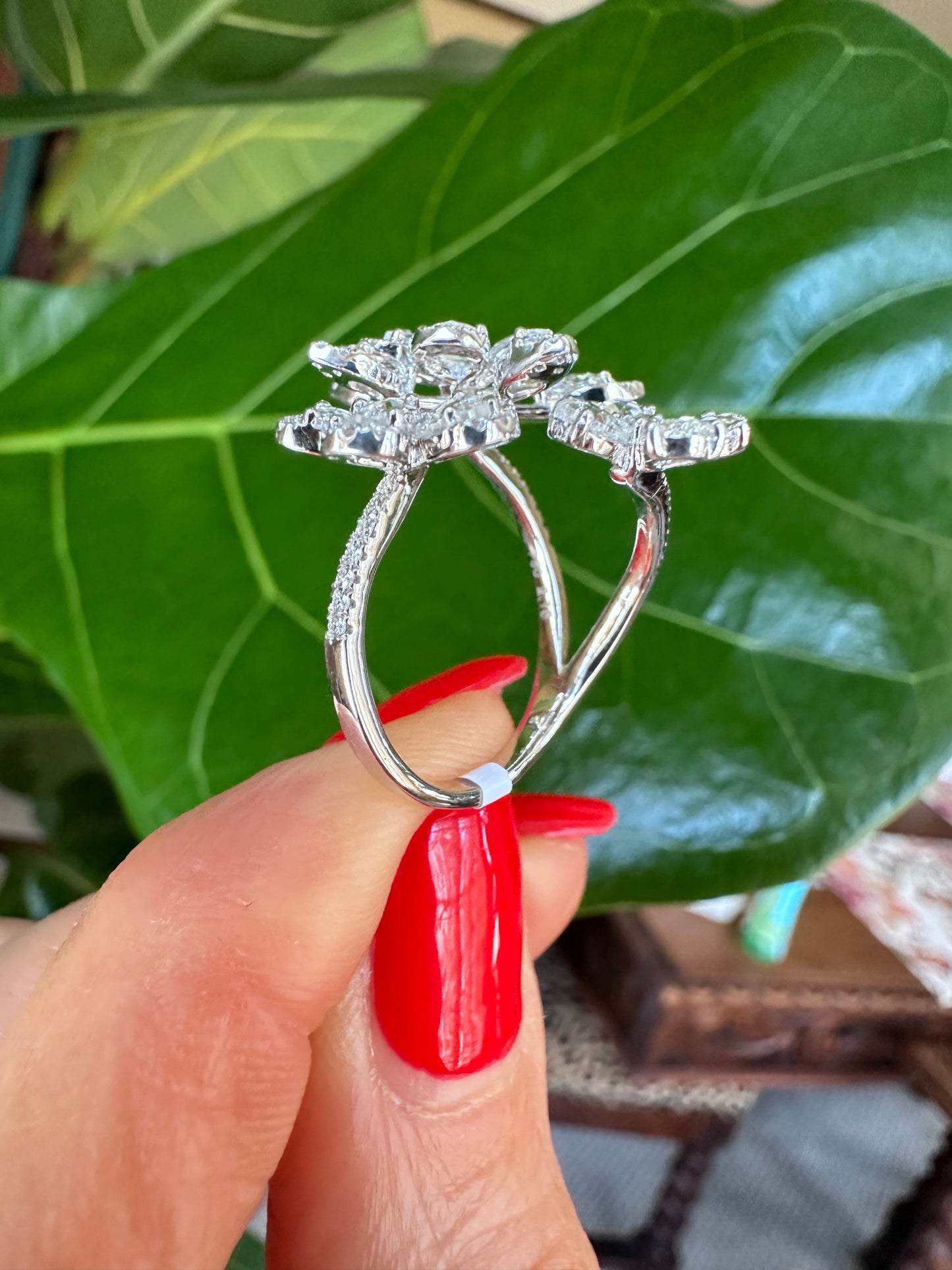 Rose Cut Pear Shape Diamond Flower Ring White Gold