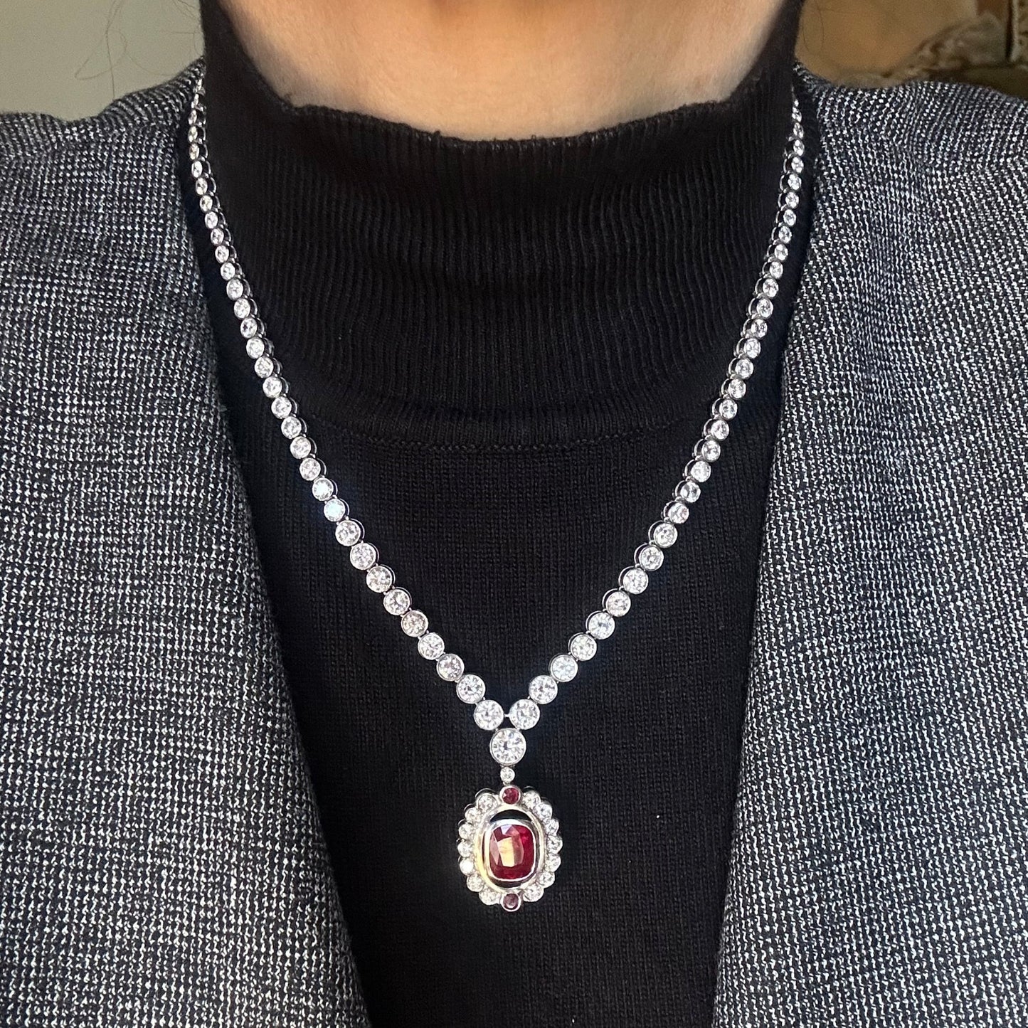 Certified Unheated Natural Ruby & Diamond Pendant Tennis Necklace Platinum 18k White Gold