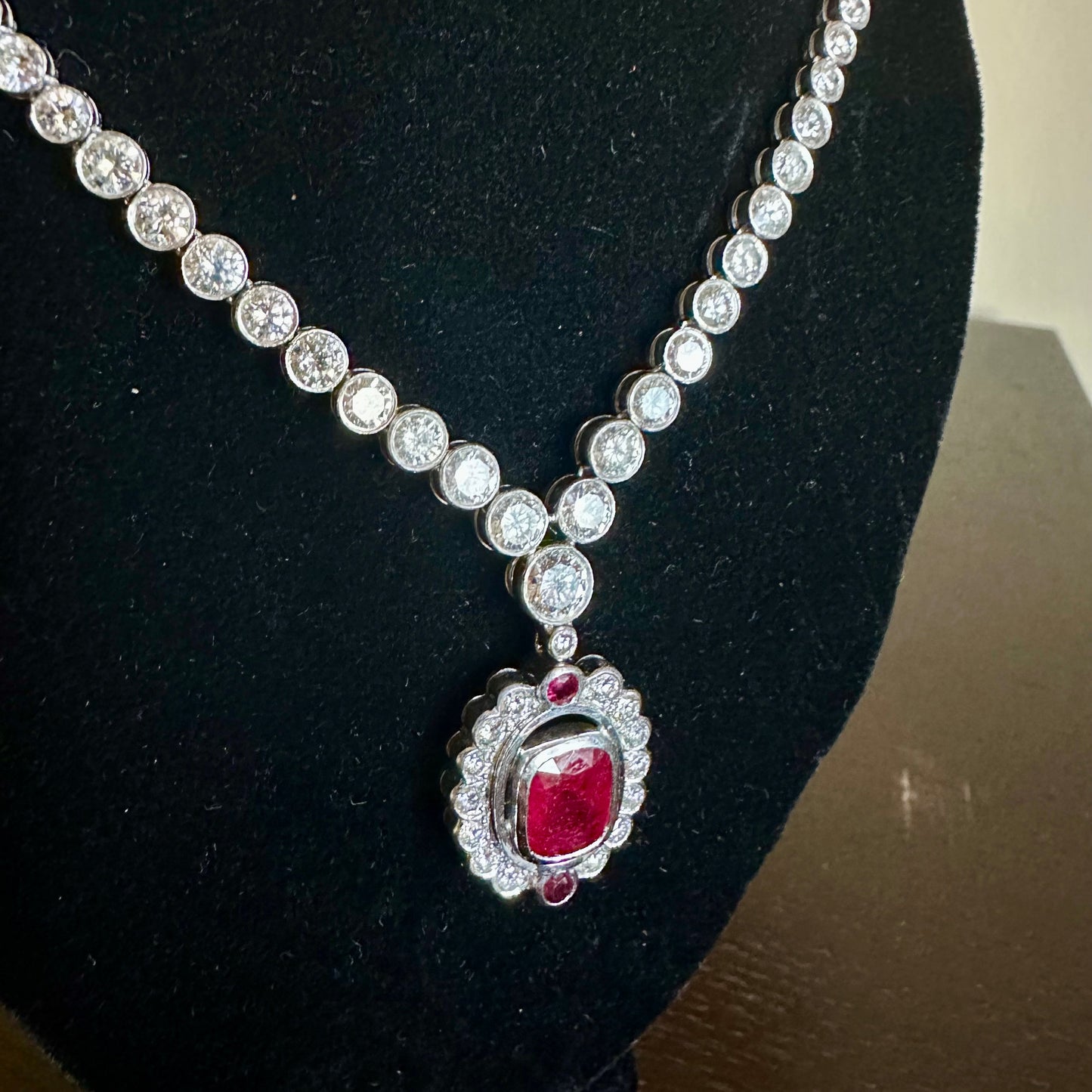 Certified Unheated Natural Ruby & Diamond Pendant Tennis Necklace Platinum 18k White Gold