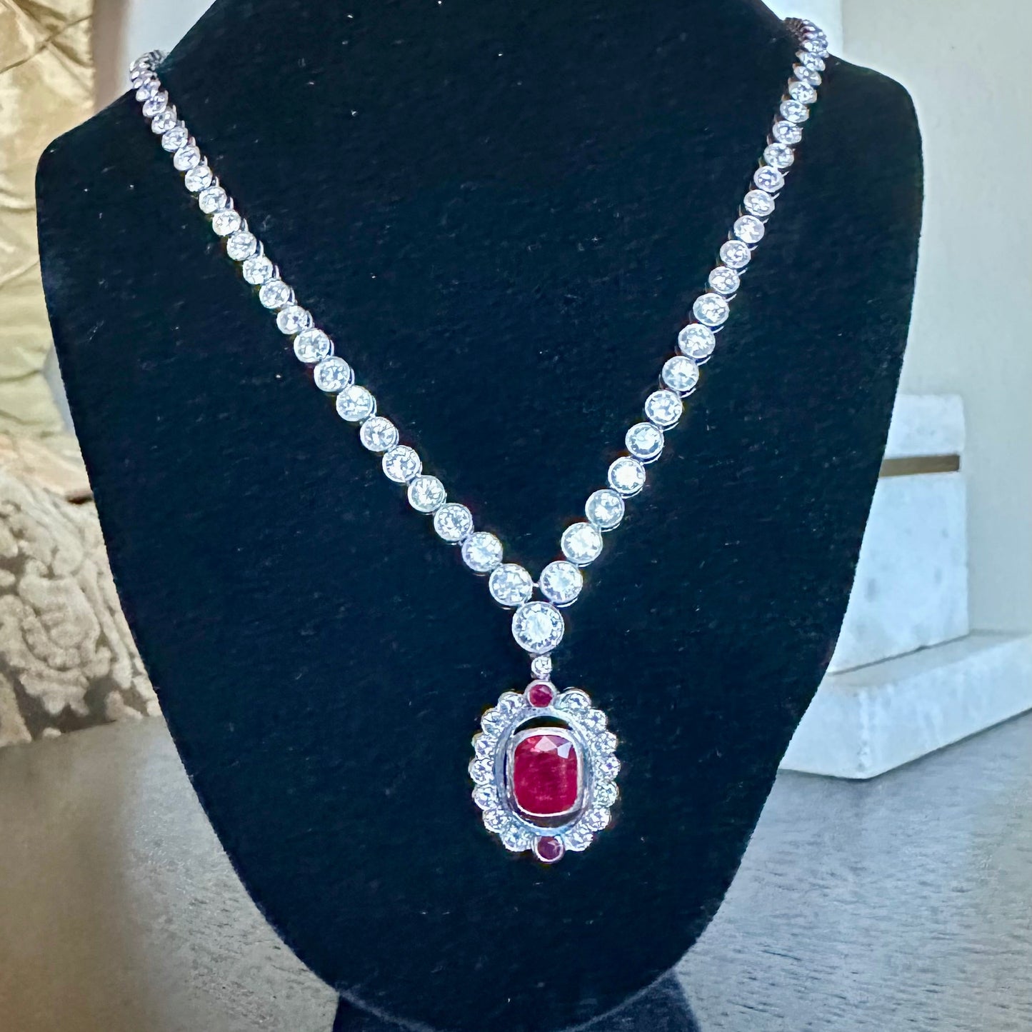 Certified Unheated Natural Ruby & Diamond Pendant Tennis Necklace Platinum 18k White Gold