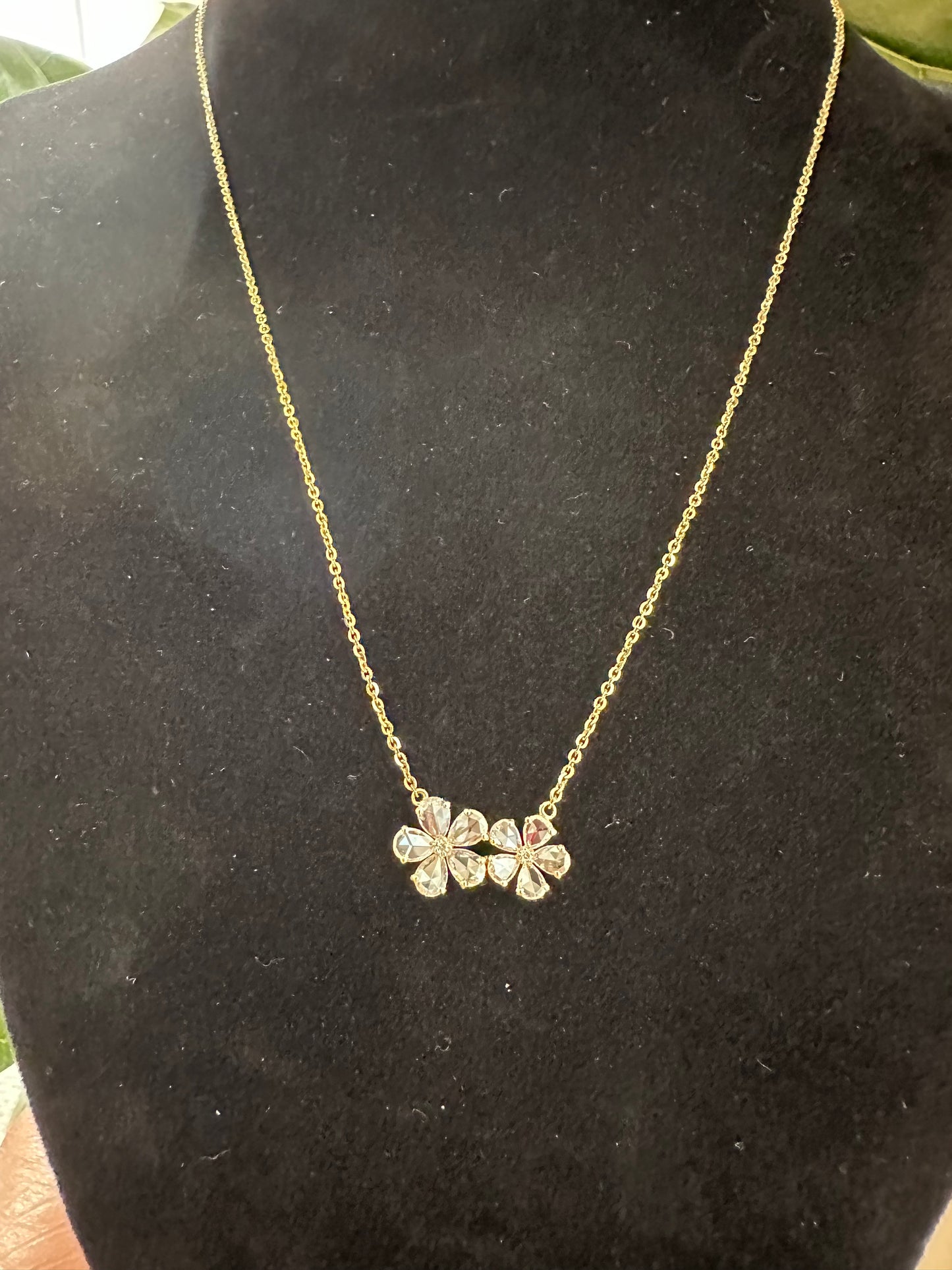 Pear Shape Rose Cut Diamond Flower Necklace Yellow Gold