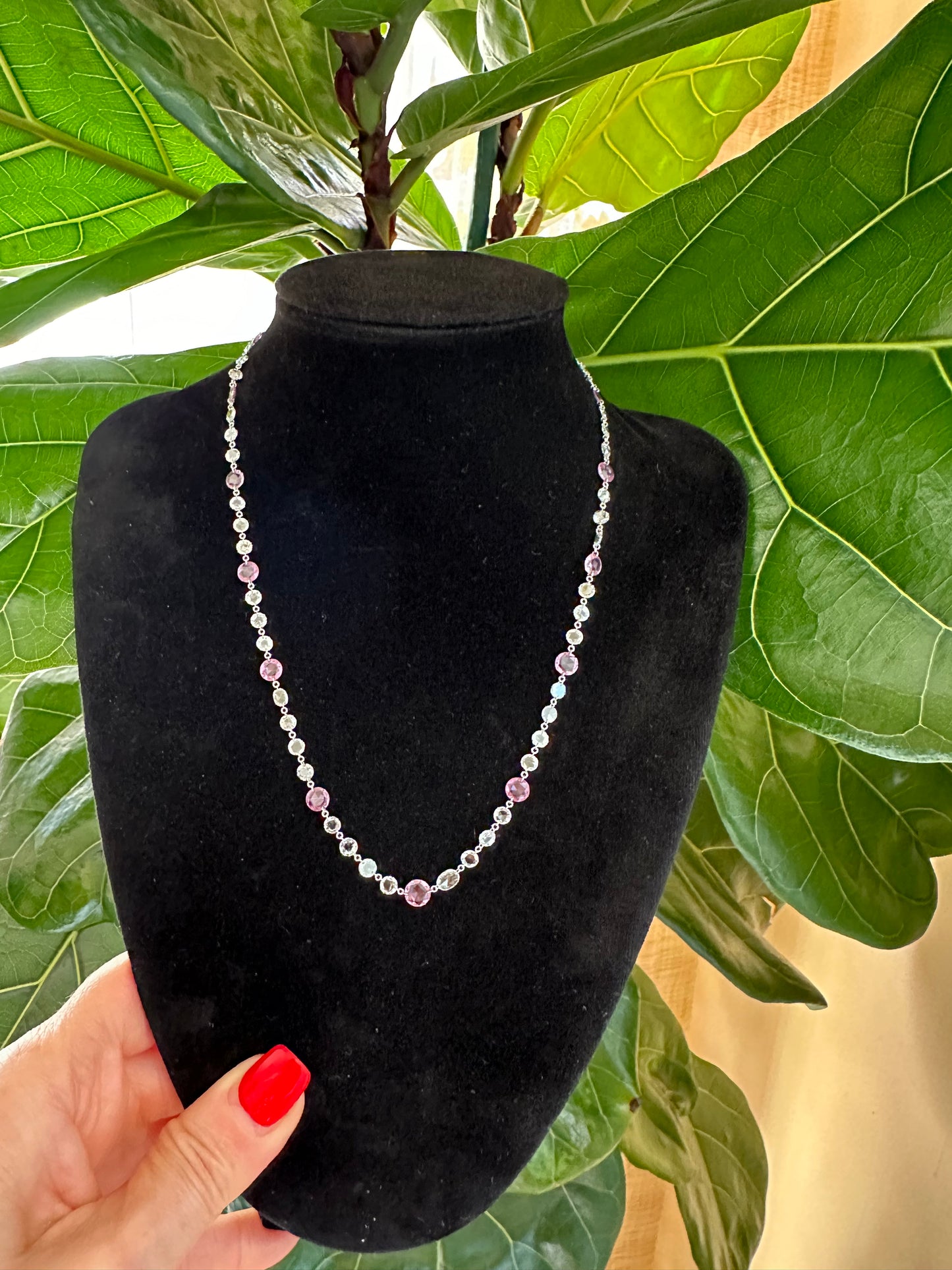 Rose Cut Diamonds & Pink Sapphire Necklace White Gold