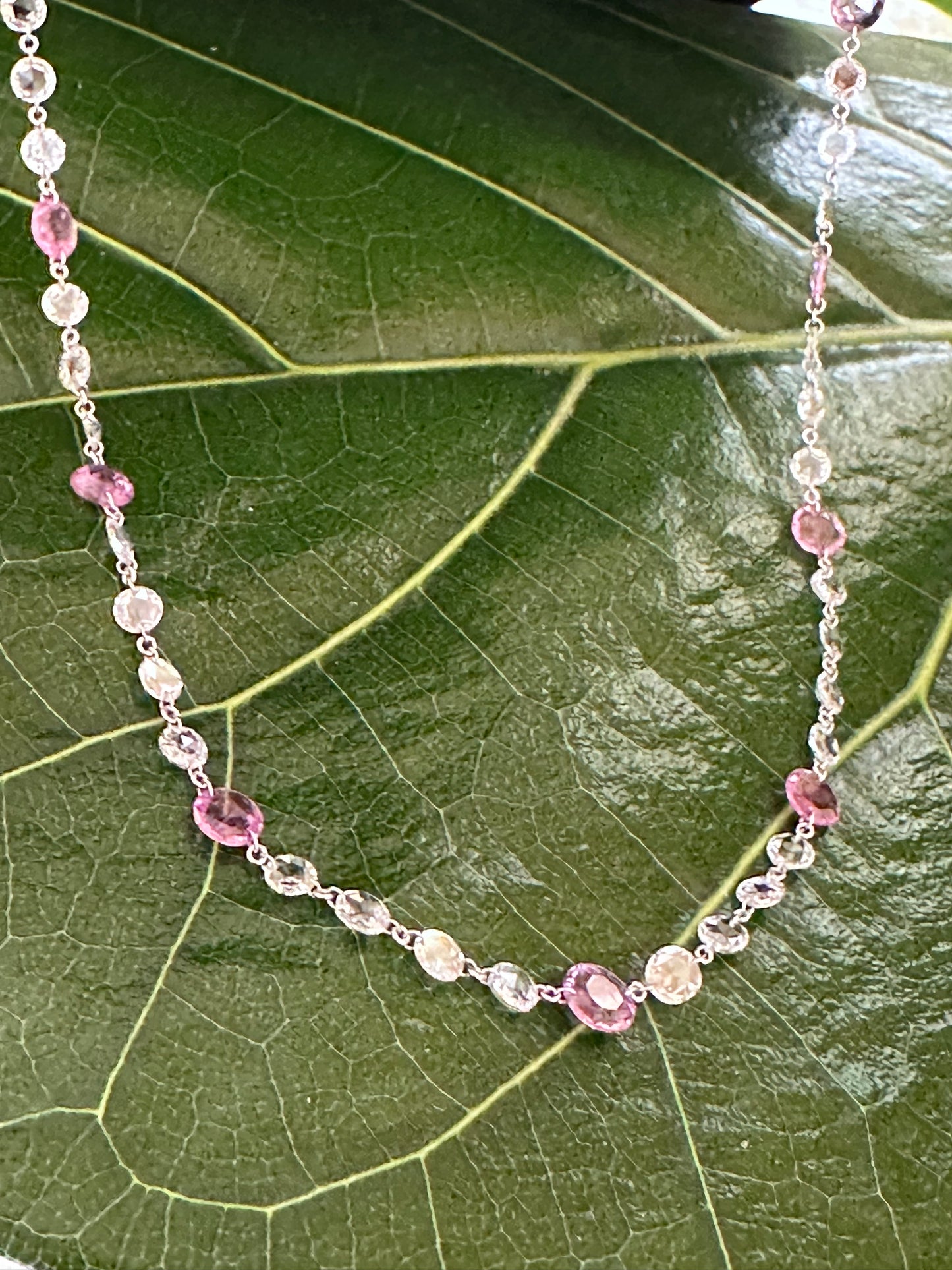 Rose Cut Diamonds & Pink Sapphire Necklace White Gold