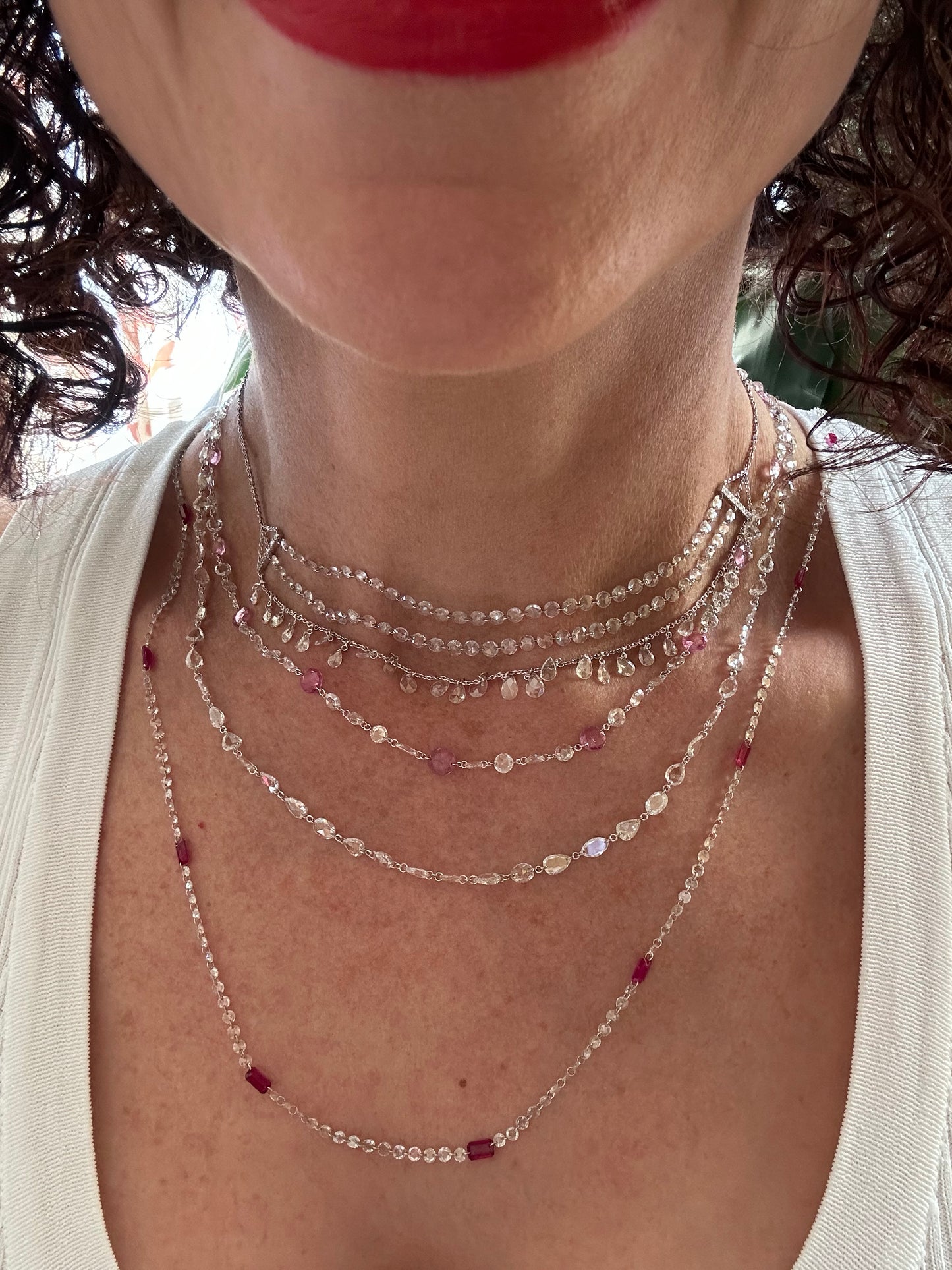 Rose Cut Diamonds & Pink Sapphire Necklace White Gold