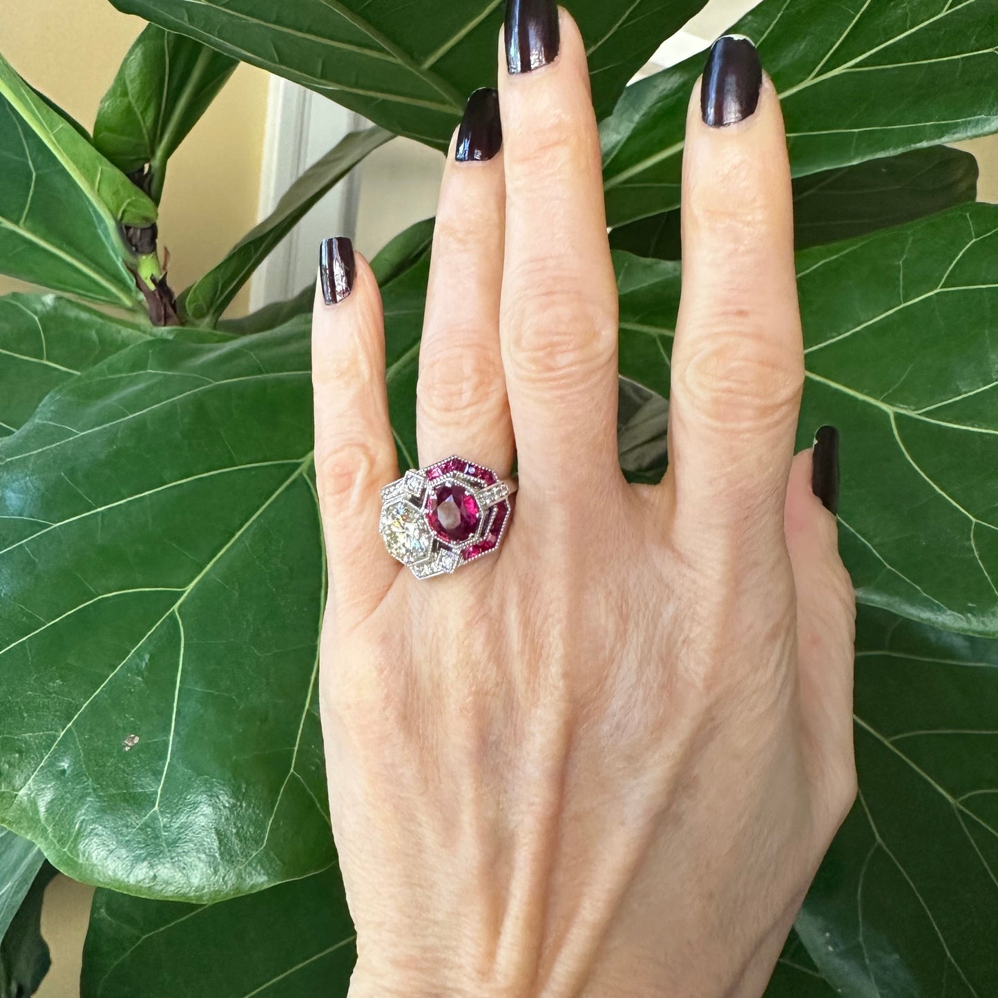GIA Certified Art Deco Style Ring | 3.08ct Mozambique Ruby & 2.30ct Round Brilliant Diamond | 18k White Gold | 9.6g | Size 6.75