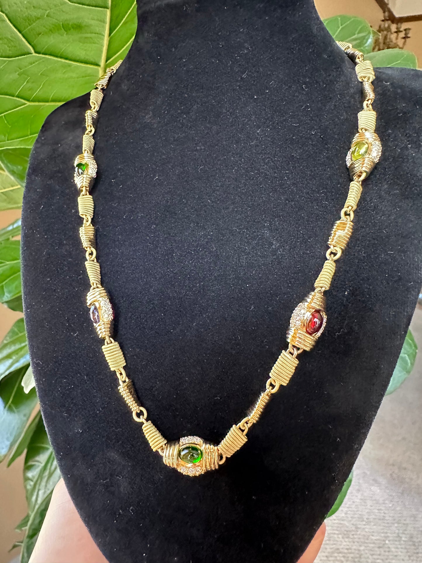 Estate Multi Precious Stones, Diamonds & 18k Yellow Gold Necklace