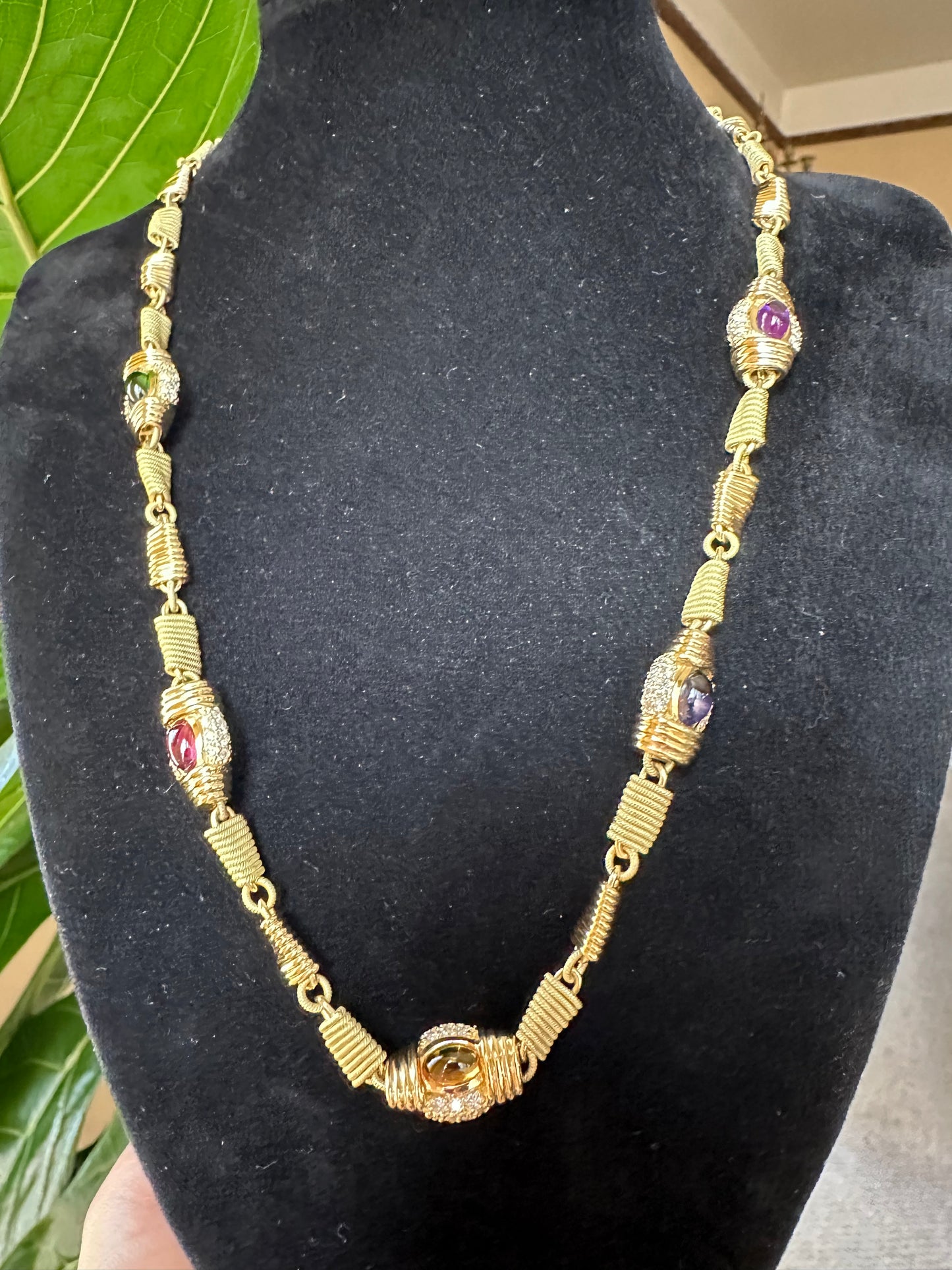 Estate Multi Precious Stones, Diamonds & 18k Yellow Gold Necklace