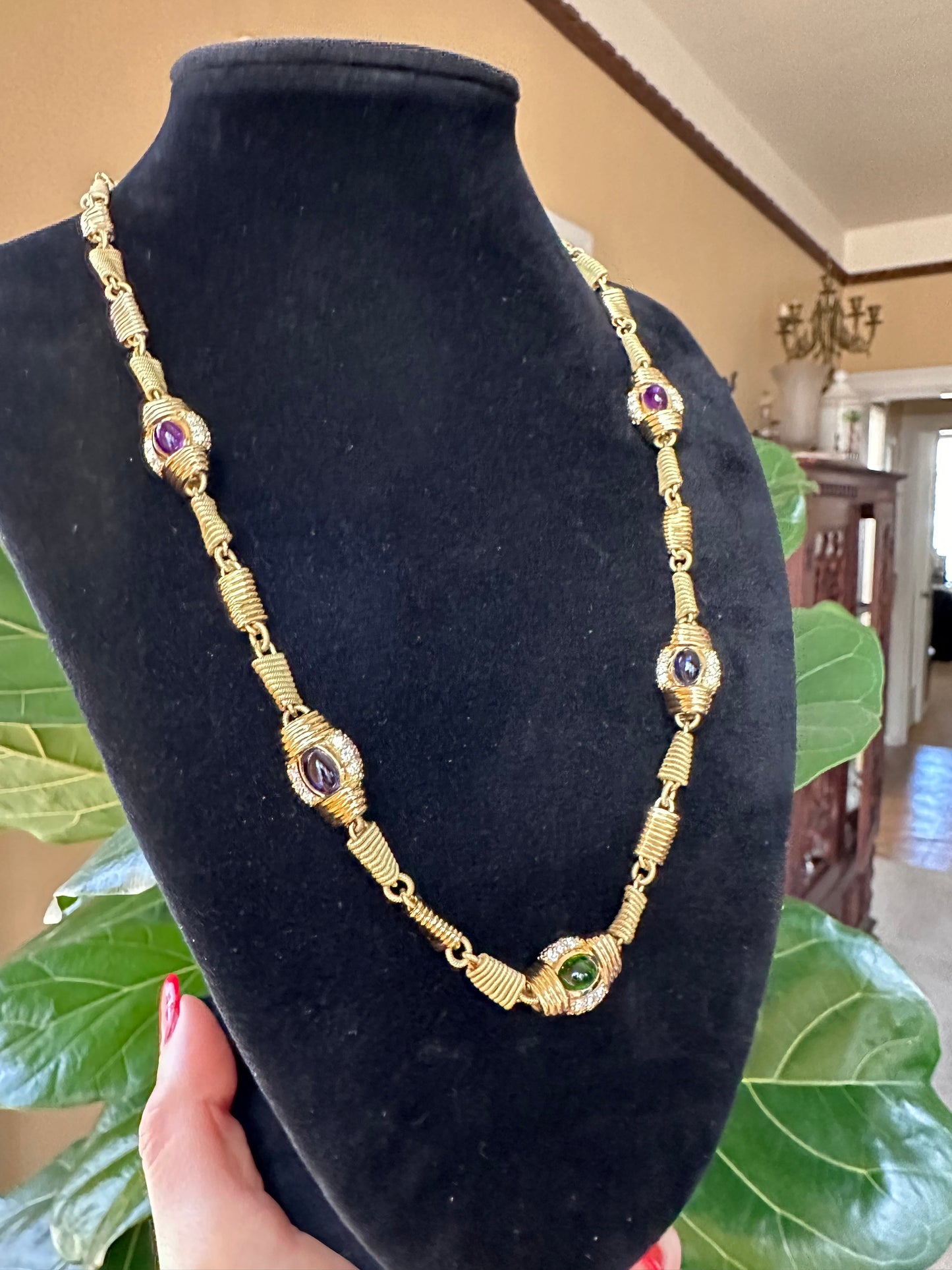 Estate Multi Precious Stones, Diamonds & 18k Yellow Gold Necklace