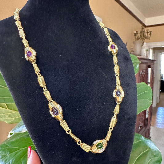 Cabochon Precious Stone & Diamond 18k Yellow Gold Necklace