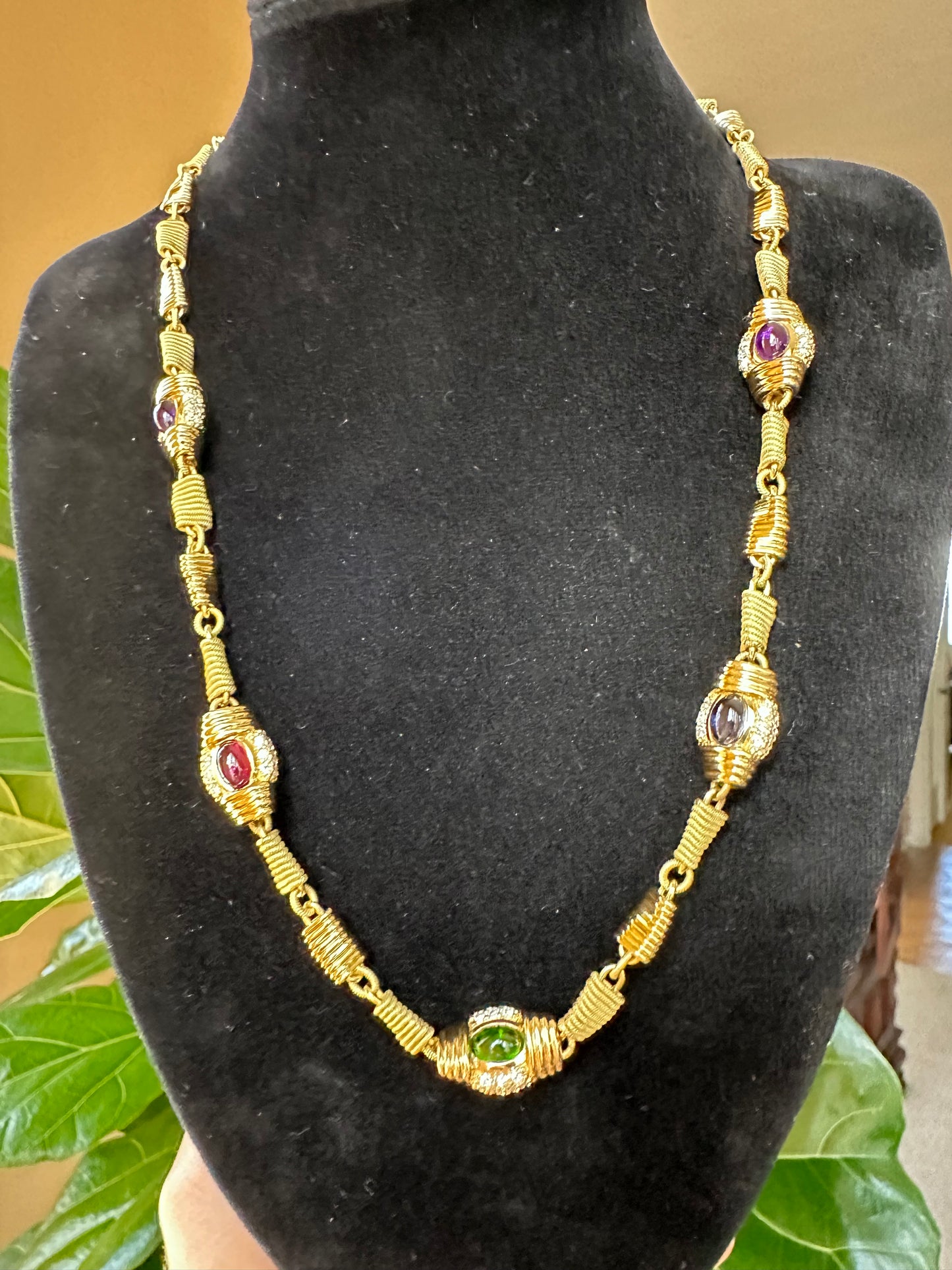 Estate Multi Precious Stones, Diamonds & 18k Yellow Gold Necklace