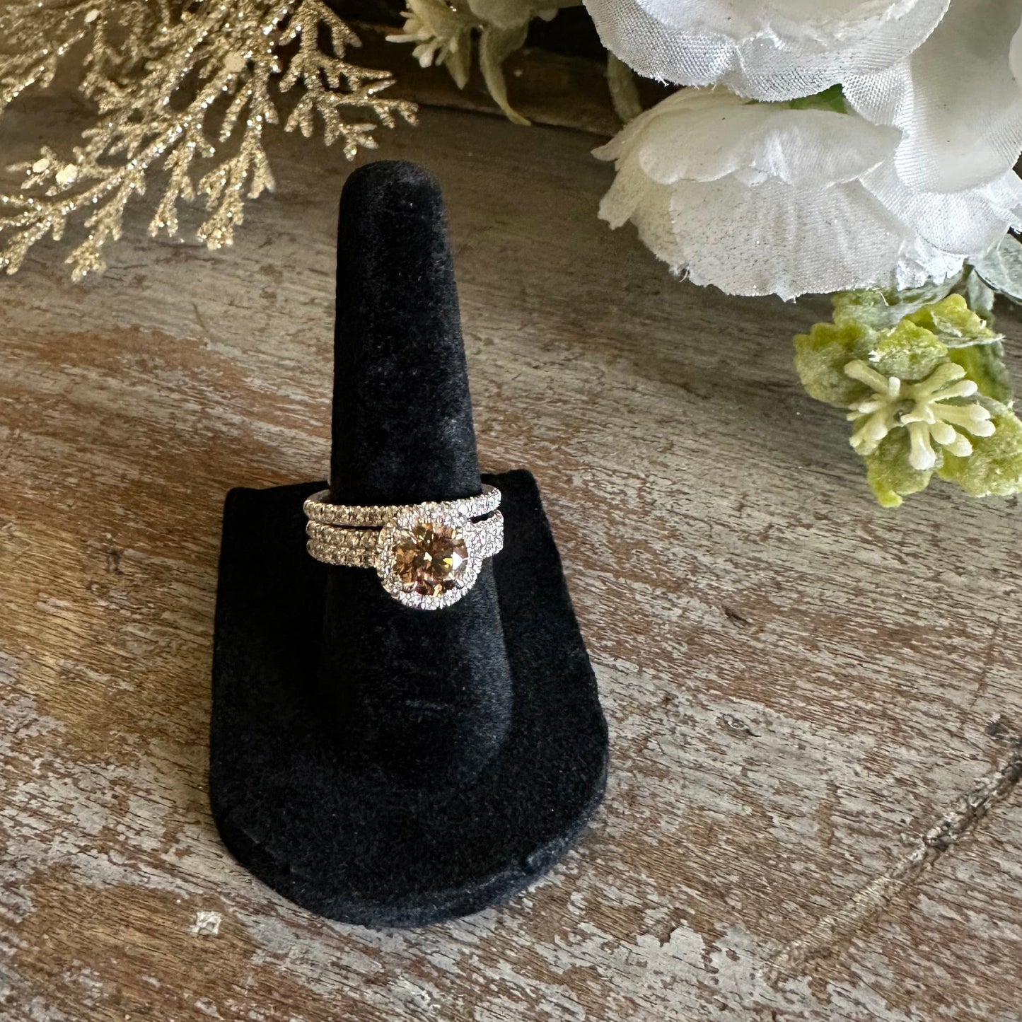 Engagement Wedding Set Natural Brown Brilliant Cut Diamond and White Diamonds 14k