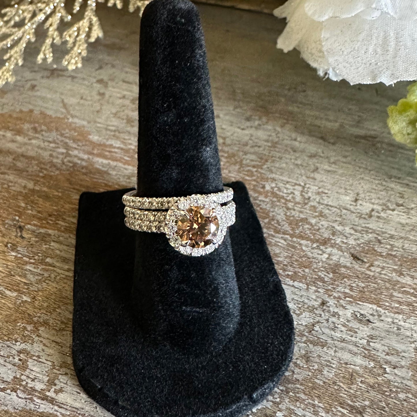 Engagement Wedding Set Natural Brown Brilliant Cut Diamond and White Diamonds 14k