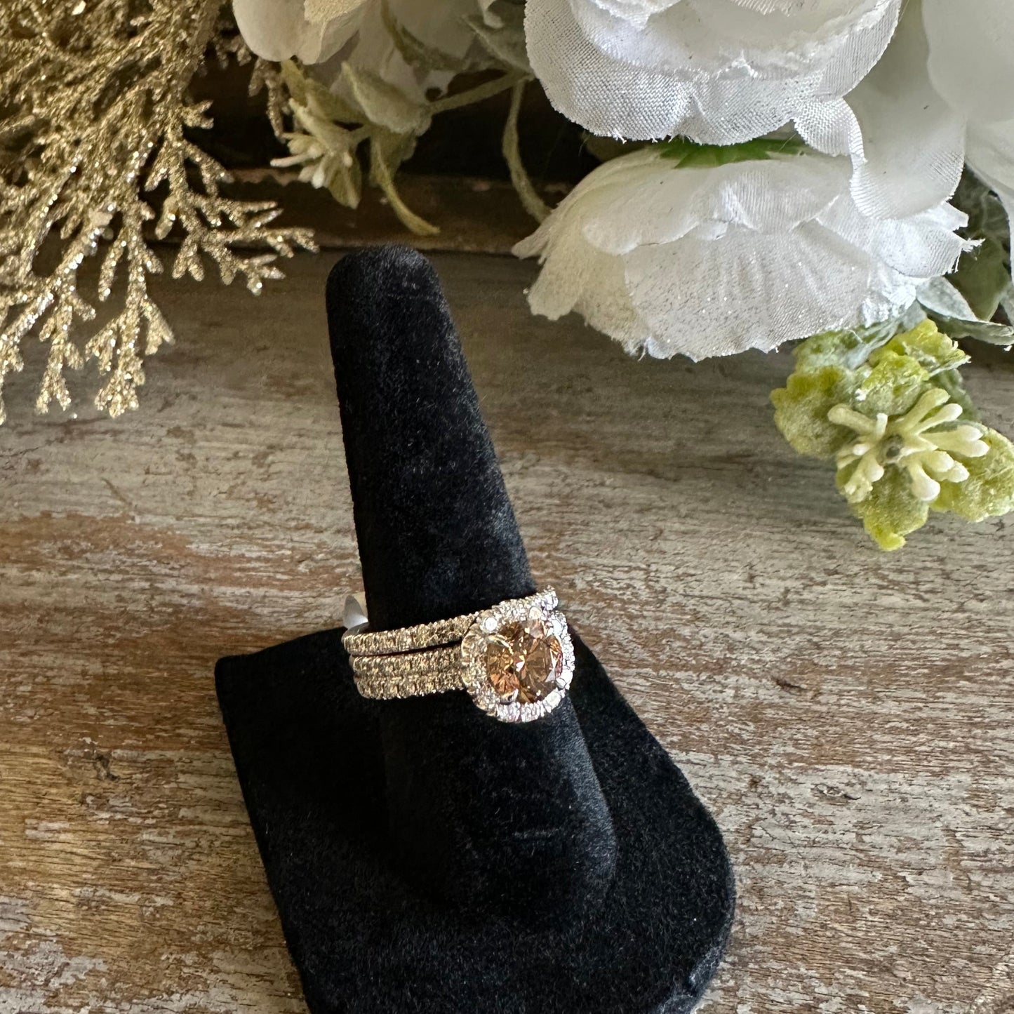 Engagement Wedding Set Natural Brown Brilliant Cut Diamond and White Diamonds 14k