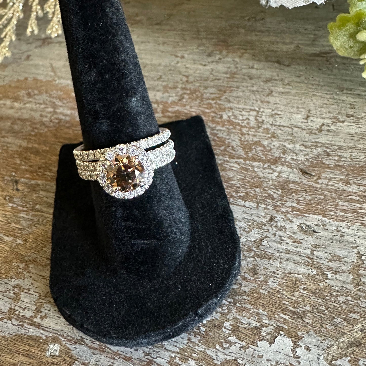Engagement Wedding Set Natural Brown Brilliant Cut Diamond and White Diamonds 14k