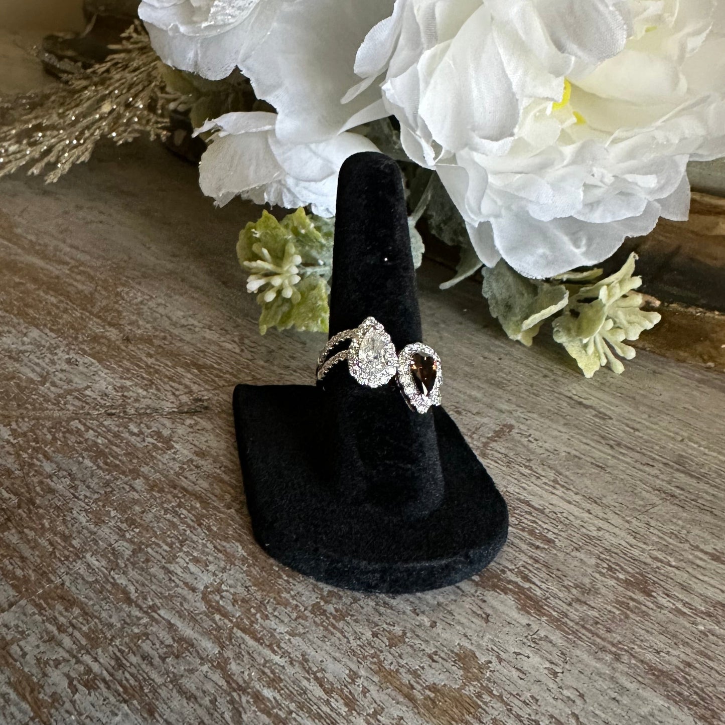 Yin Yang Pear Shape Diamond and Cognac Diamond Cocktail Ring 14k