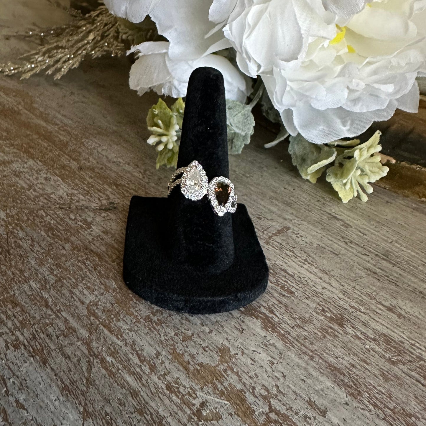 Yin Yang Pear Shape Diamond and Cognac Diamond Cocktail Ring 14k