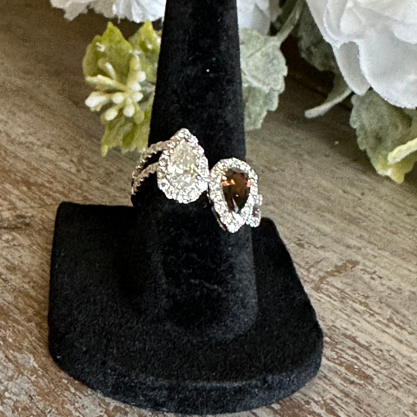 Yin Yang Pear Shape Diamond and Cognac Diamond Cocktail Ring 14k