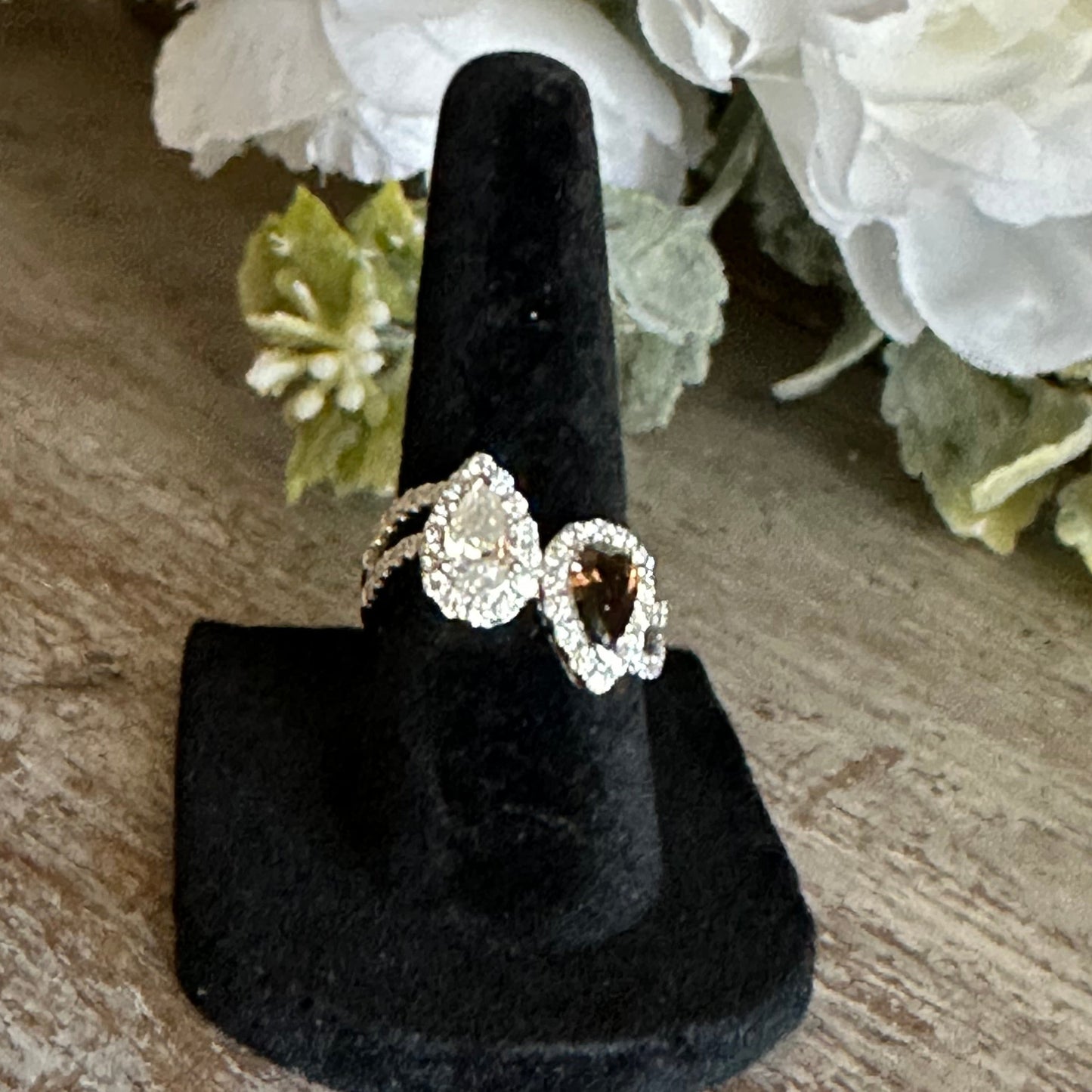 Yin Yang Pear Shape Diamond and Cognac Diamond Cocktail Ring 14k