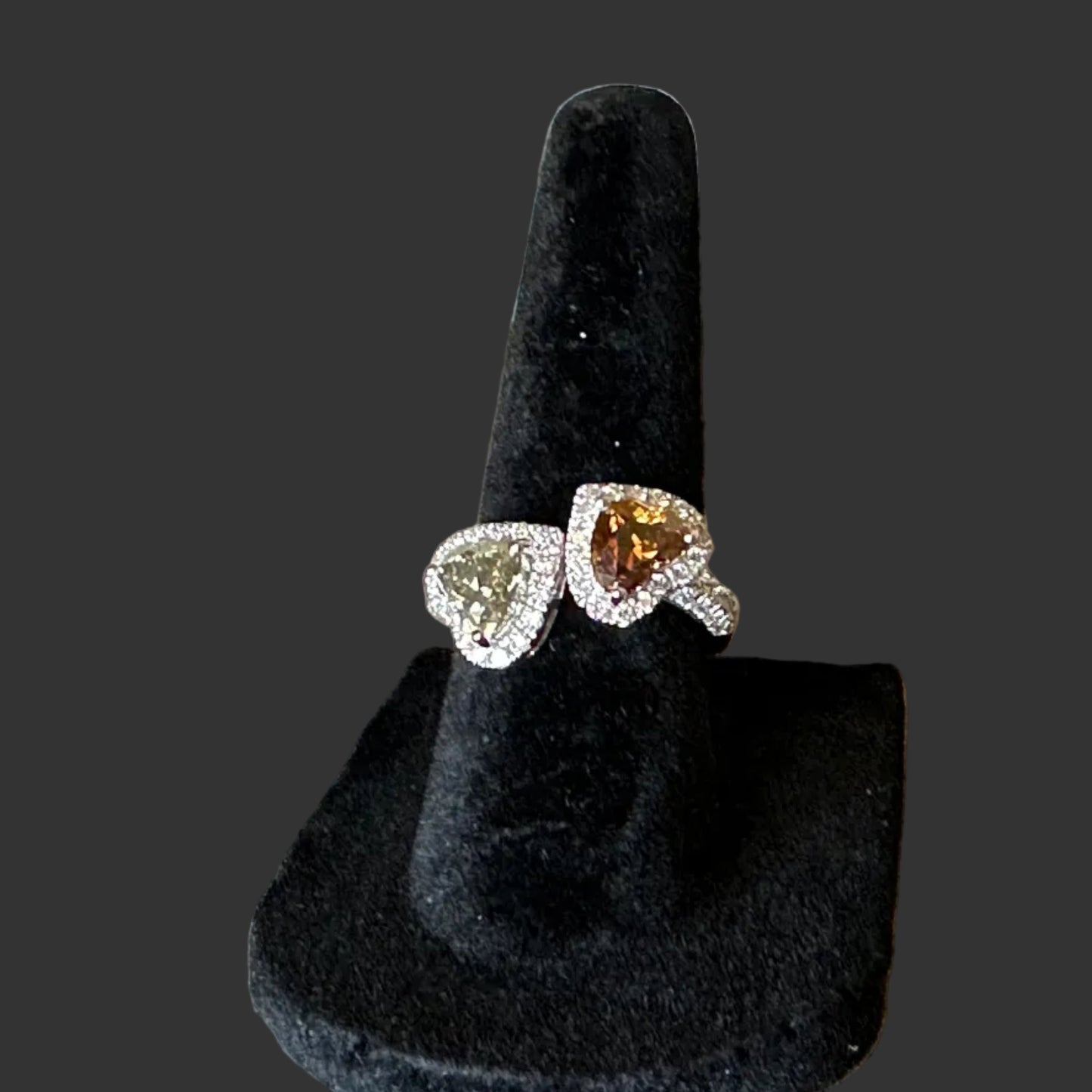 Double Heart Diamond Ring Heart Shape Fancy Color Diamond Cocktail Ring 14k