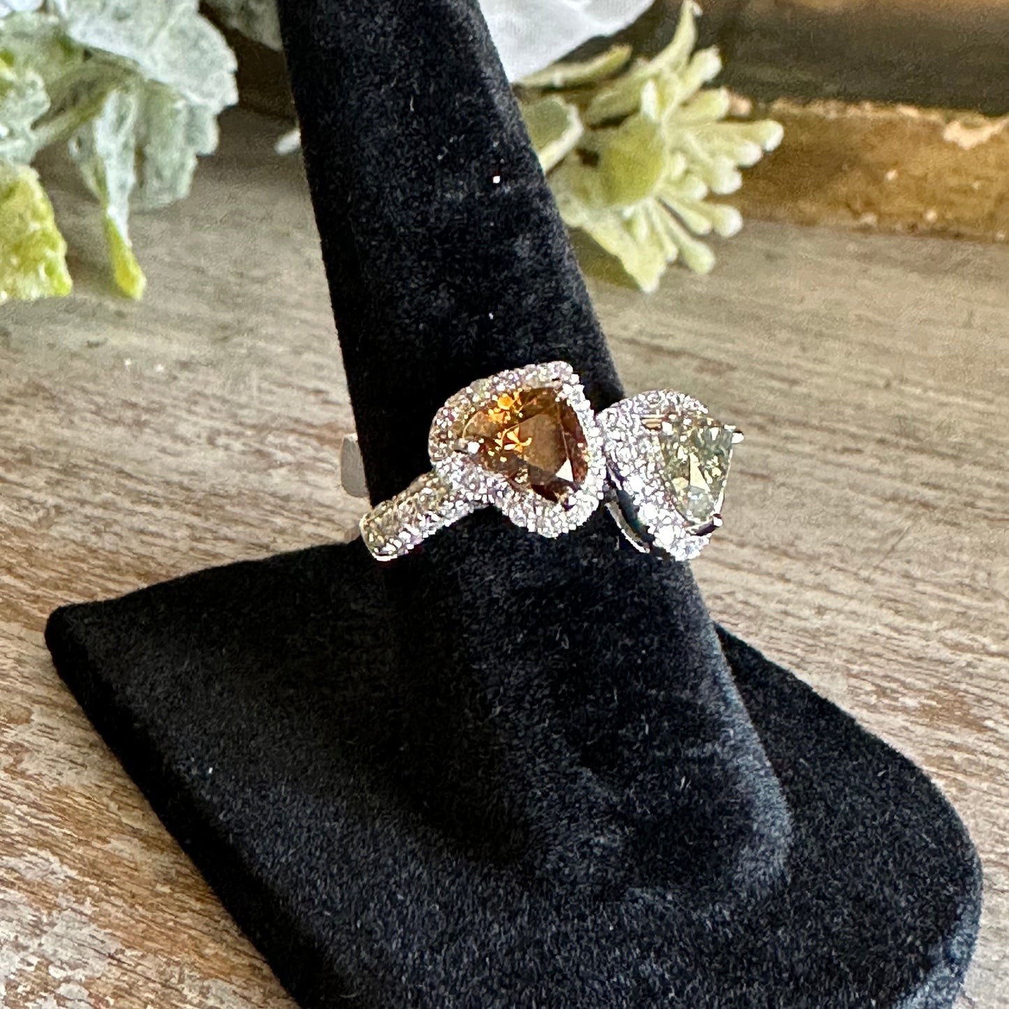 Double Heart Diamond Ring Heart Shape Fancy Color Diamond Cocktail Ring 14k