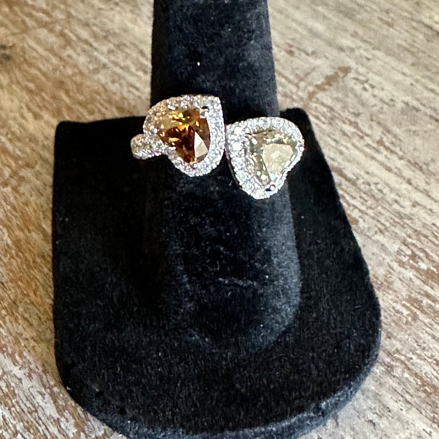 Double Heart Diamond Ring Heart Shape Fancy Color Diamond Cocktail Ring 14k