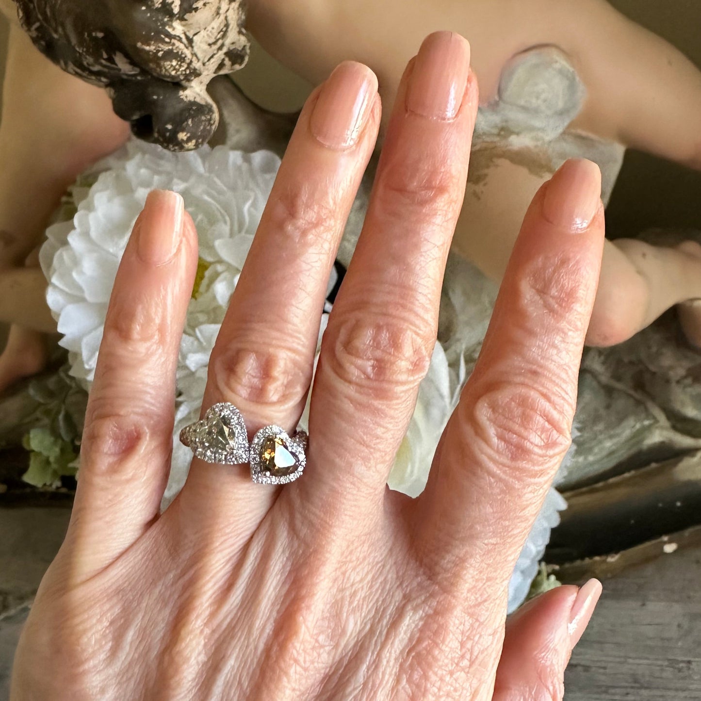 Double Heart Diamond Ring Heart Shape Fancy Color Diamond Cocktail Ring 14k