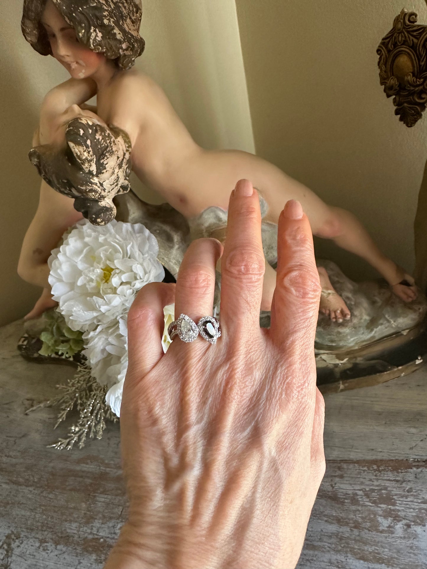 Yin Yang Pear Shape Diamond and Cognac Diamond Cocktail Ring 14k