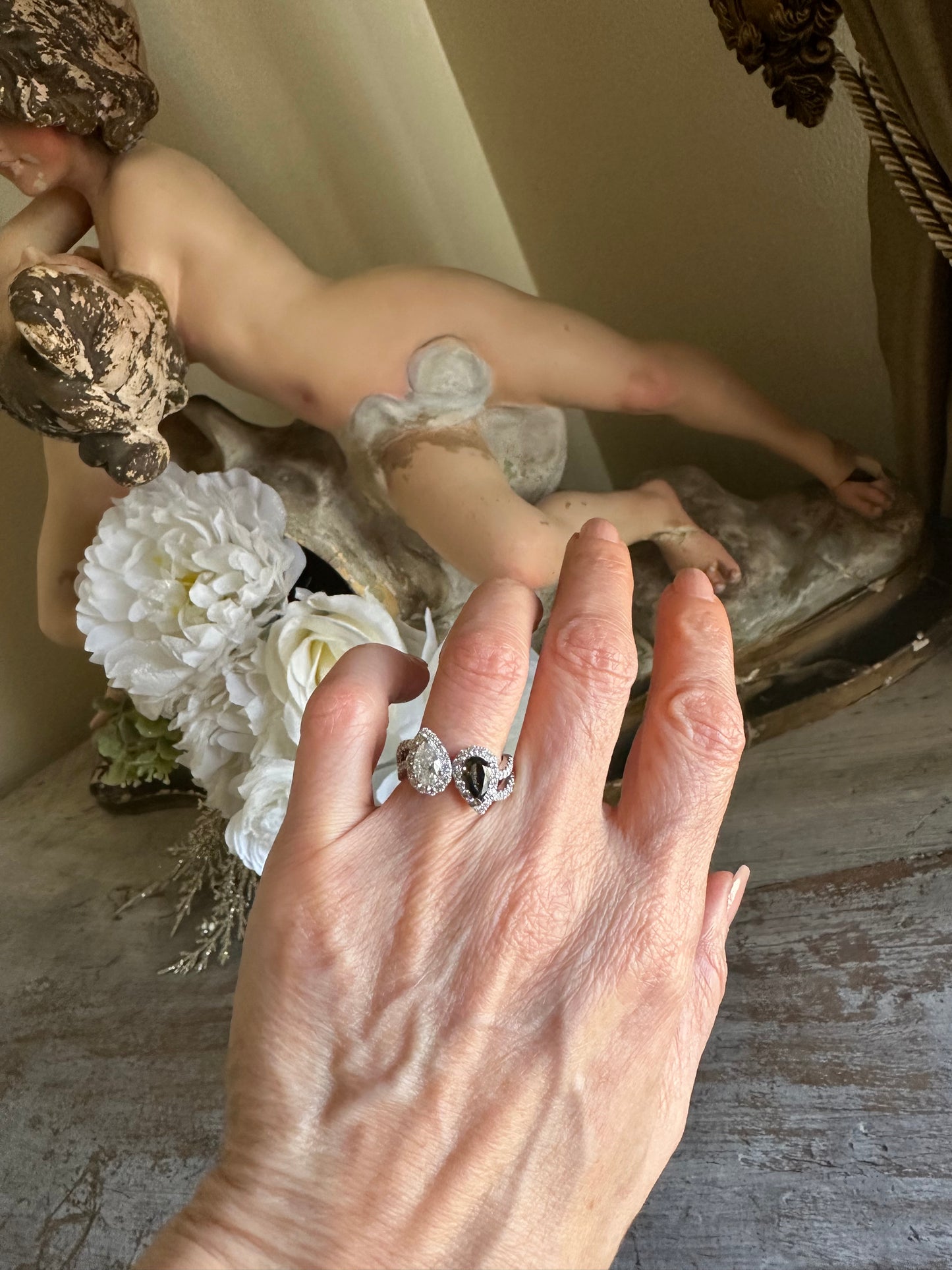 Yin Yang Pear Shape Diamond and Cognac Diamond Cocktail Ring 14k