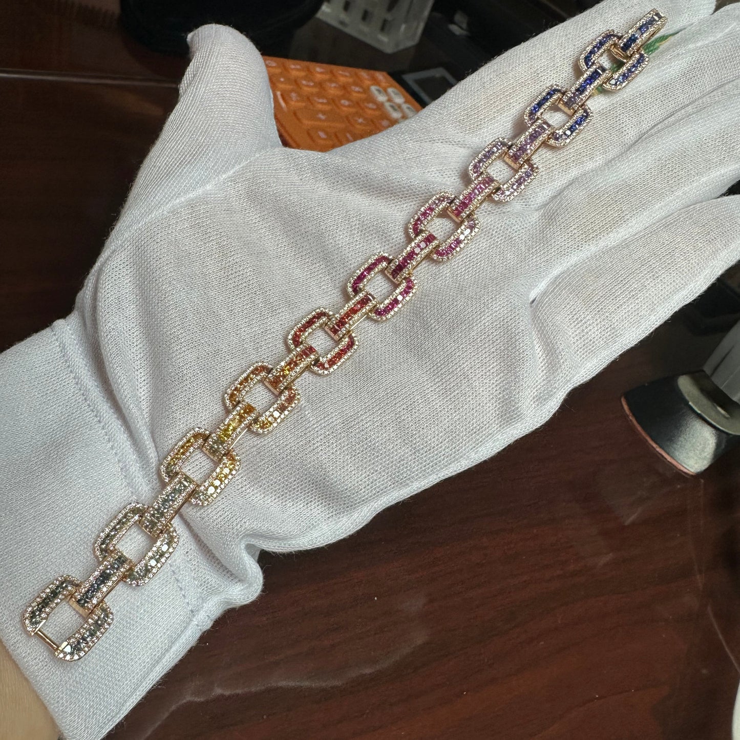 Natural Sapphires  & Diamond Link Bracelet 18k Rose Gold