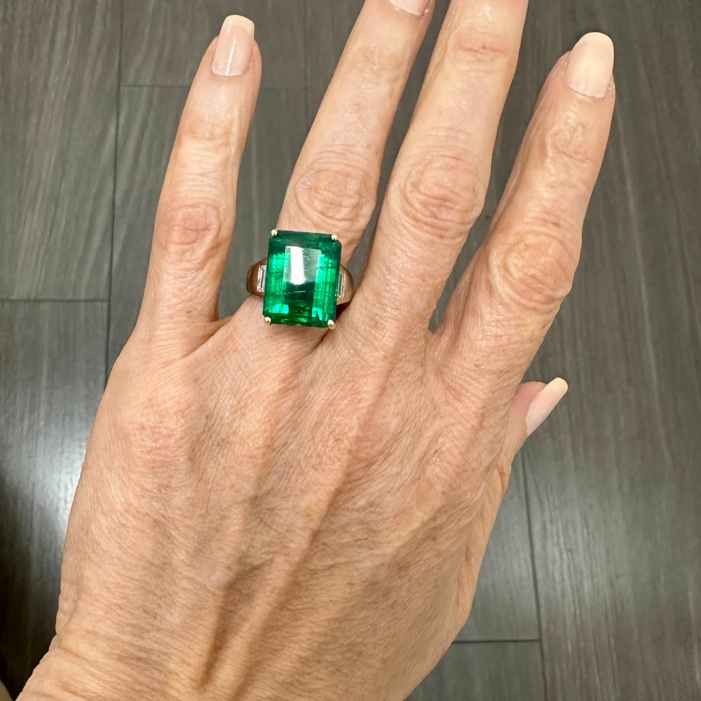 13.01 African Step Cut Vivid Green Emerald & Diamond Ring 18k Gold