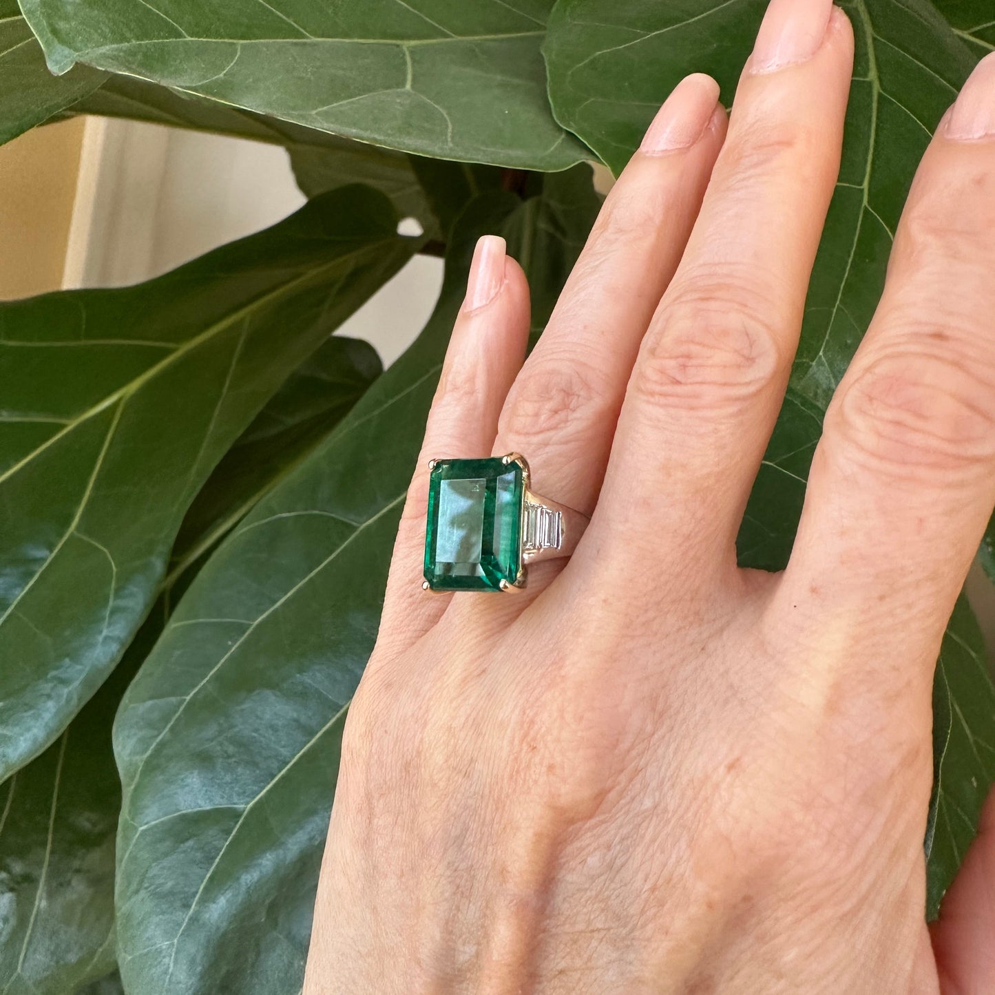 13.01 African Step Cut Vivid Green Emerald & Diamond Ring 18k Gold