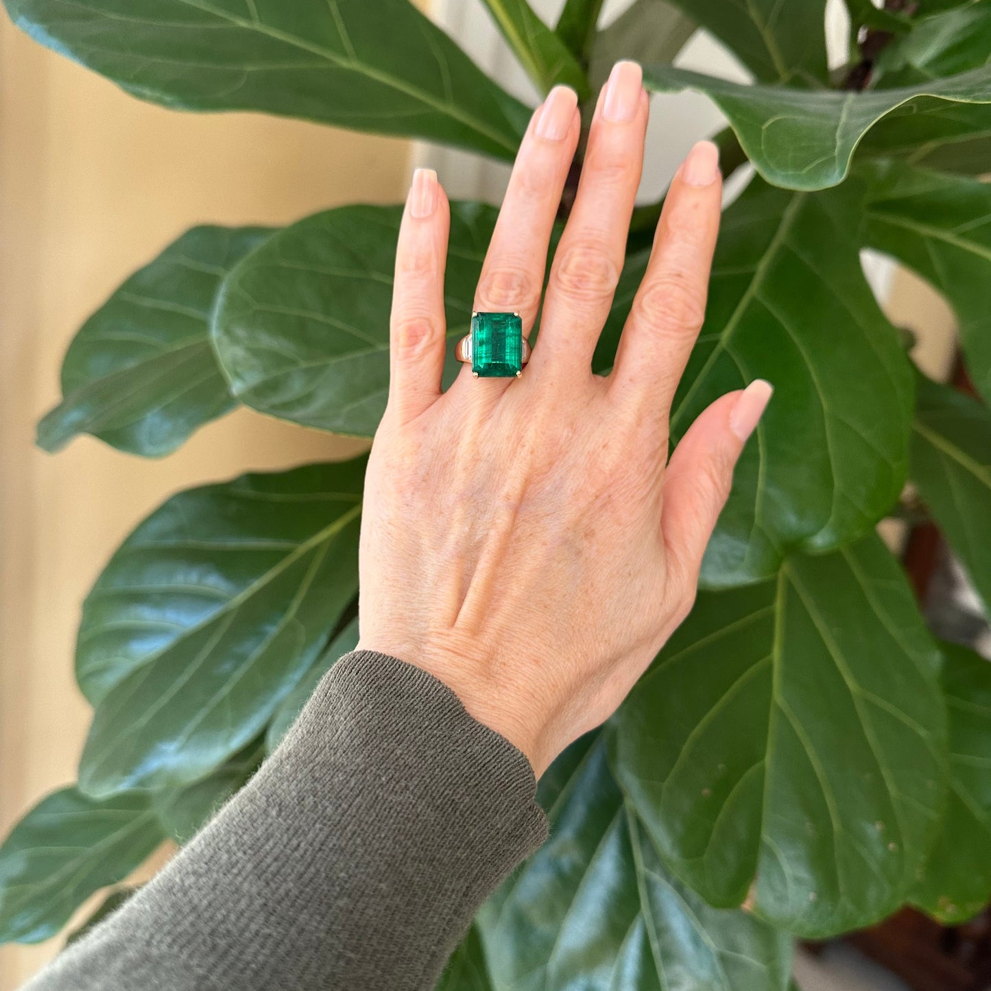 13.01 African Step Cut Vivid Green Emerald & Diamond Ring 18k Gold